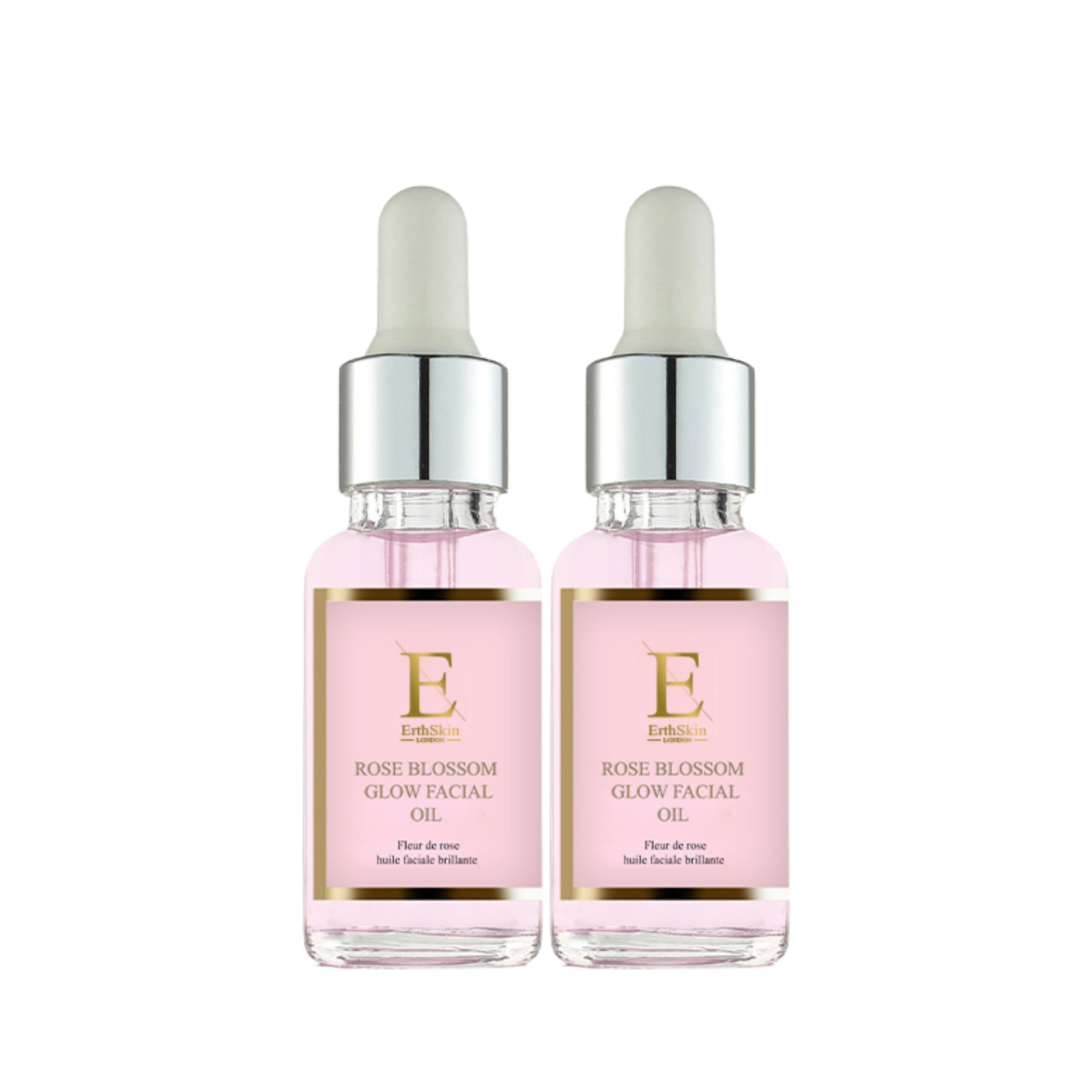 Deux flacons d'huile pour le visage Rose Blossom Glow. Liquide rose dans des flacons en verre avec pipettes argentées. Étiquette avec logo et texte.
