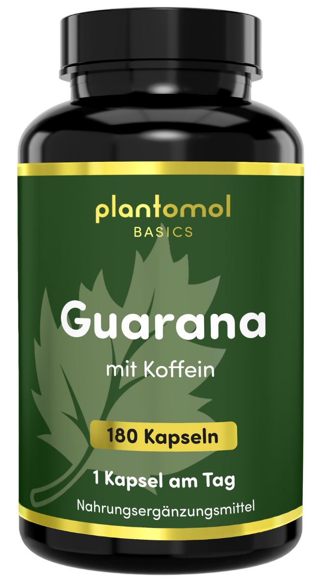 Braune Flasche mit grünem Etikett. Enthält Guarana Kapseln. Text: plantomol Basics, Guarana mit Koffein, 180 Kapseln.