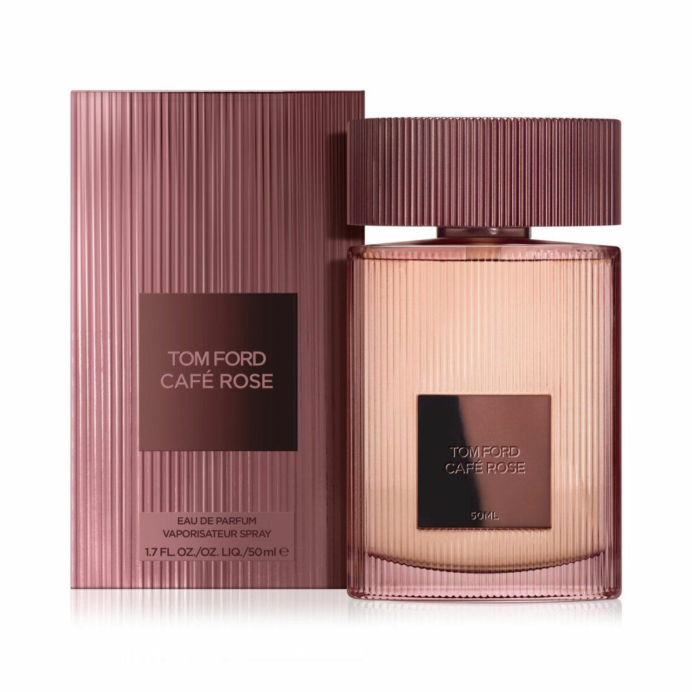 TOM FORD CAFE ROSE Flakon und Verpackung. Flakon mit braunem Deckel und rechteckigem Etikett. Verpackung in Rosa.