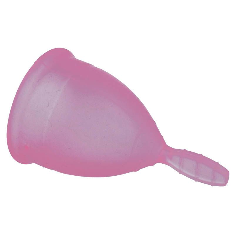 Rosa Menstruationstasse aus Silikon. Mit Stiel. Liegend dargestellt.