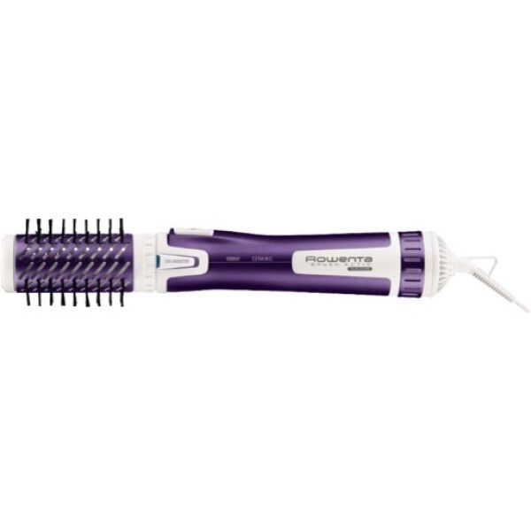 Violett-weiße Warmluftbürste. Bürstenkopf mit Borsten. Rowenta-Logo. Netzkabel.