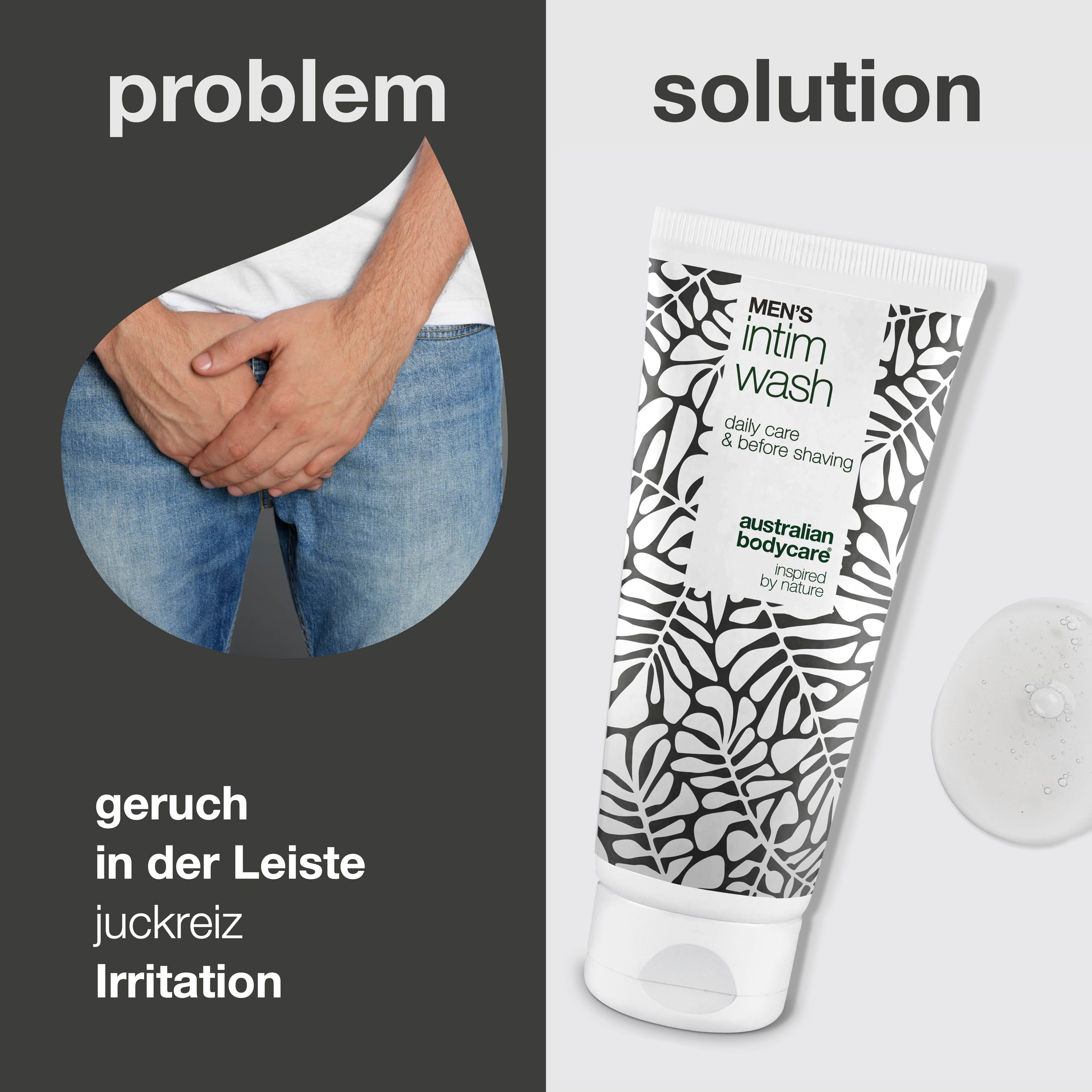 Vergleich: Problem und Lösung. Links: Mann hält sich an der Leiste. Rechts: Tube Intimwaschlotion.