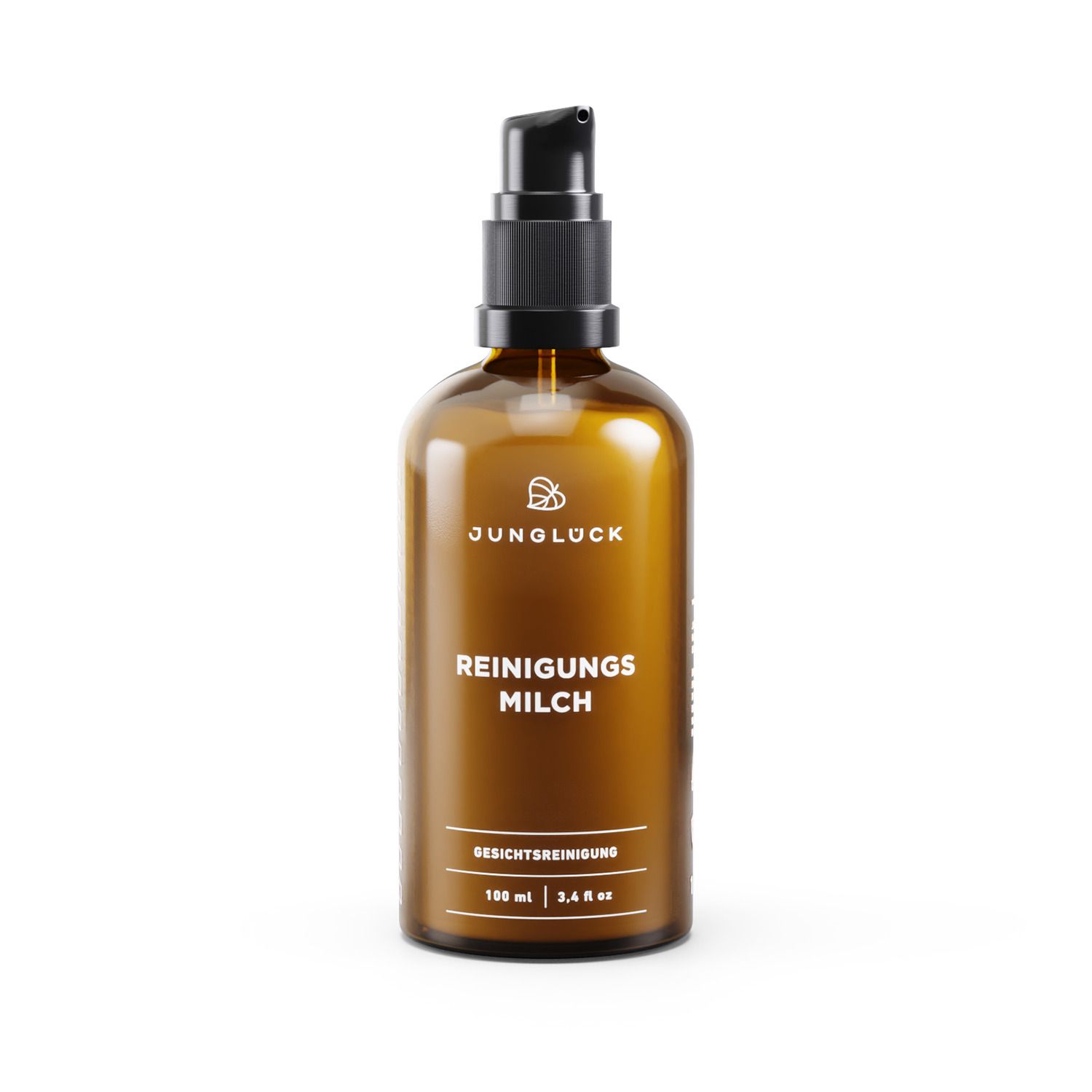 Braune Glasflasche mit schwarzem Pumpverschluss. Aufschrift: JUNGLÜCK, REINIGUNGSMILCH, GESICHTSREINIGUNG.