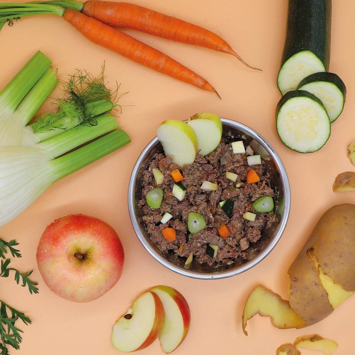 Hundefutter in einer Schüssel, umgeben von Gemüse und Obst: Karotten, Fenchel, Apfel, Zucchini und Kartoffeln.