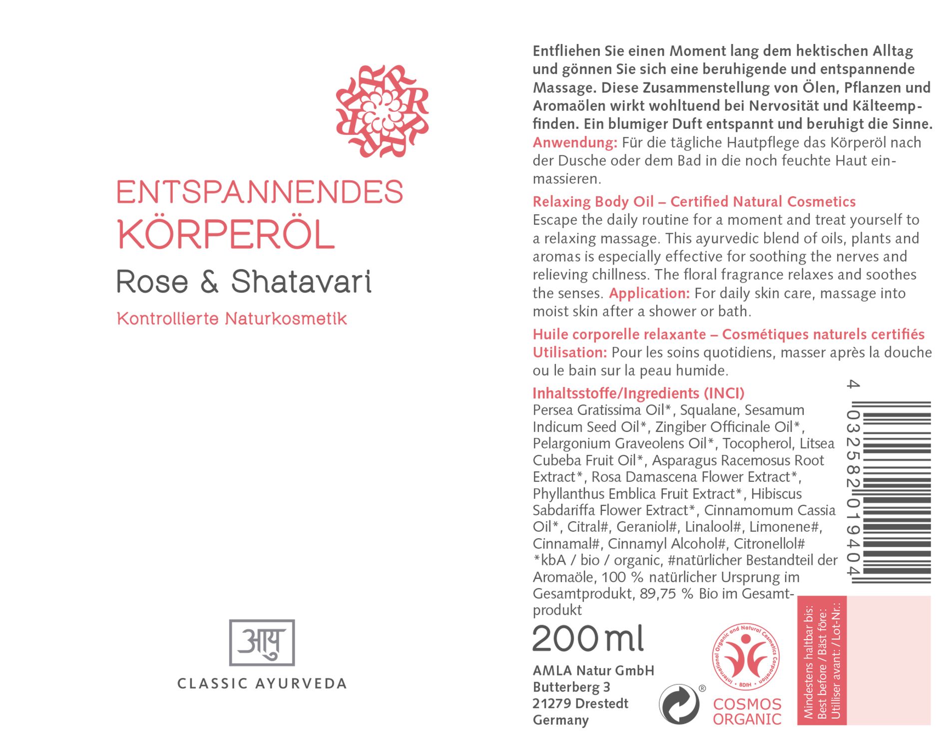 Classic Ayurveda - Entspannendes Körperöl, COSMOS ORGANIC