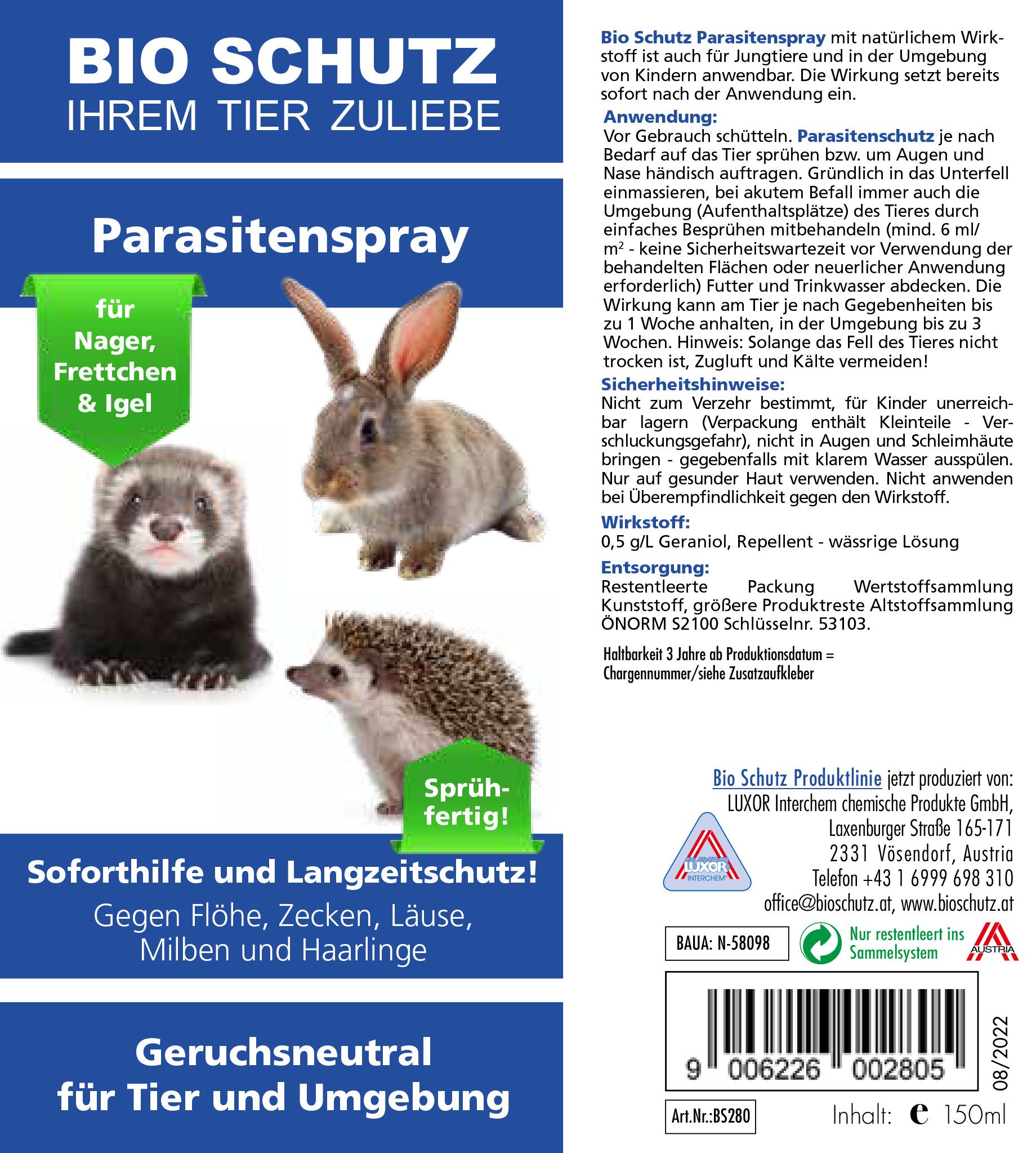 Etikett mit Text: Bio Schutz, Parasitenspray. Abbildungen von Frettchen, Kaninchen und Igel. Text: Soforthilfe und Langzeitschutz.