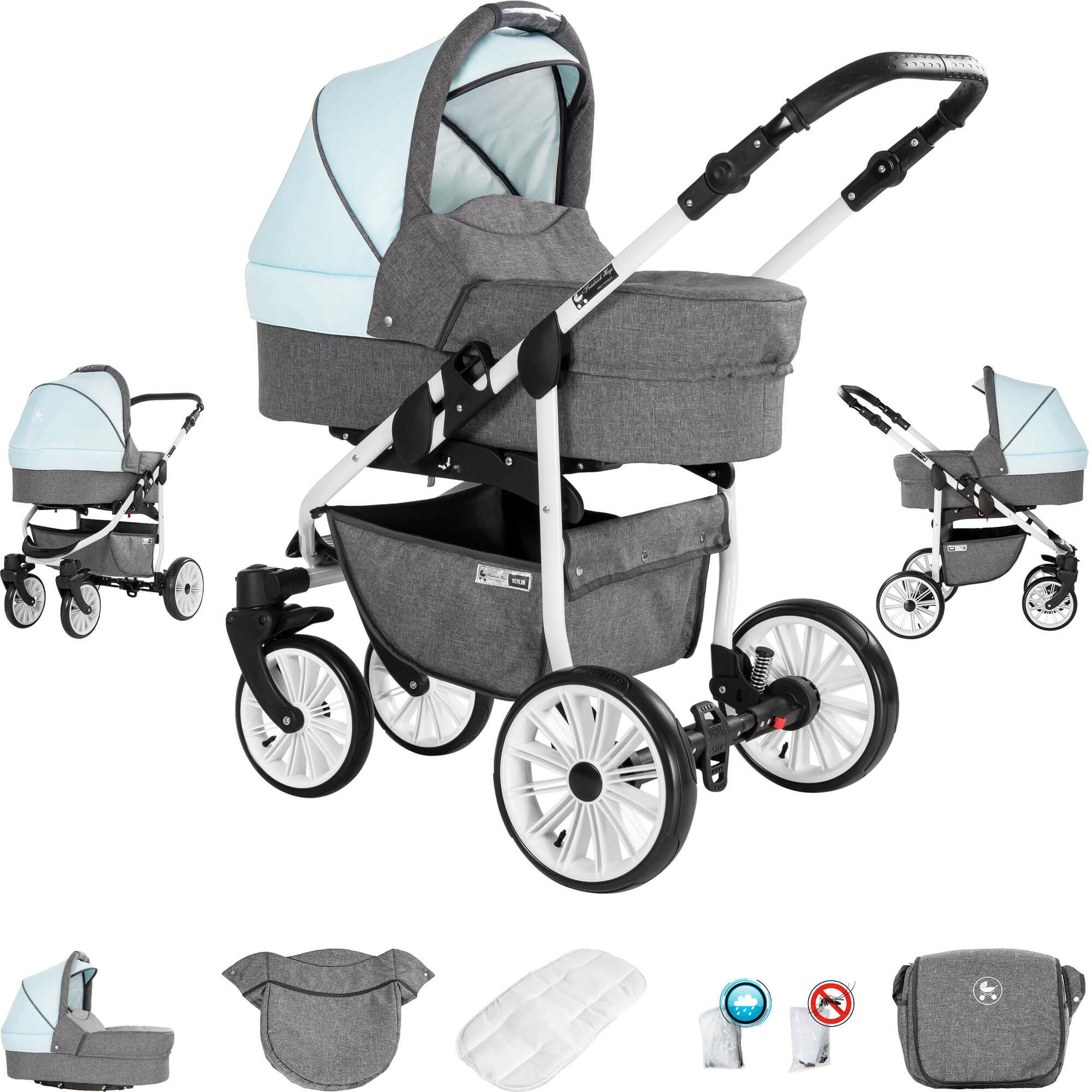 Friedrich Hugo Berlin 3 in 1 Kinderwagen mit Original Maxi Cosi, Gel Grey and Light Blue Day