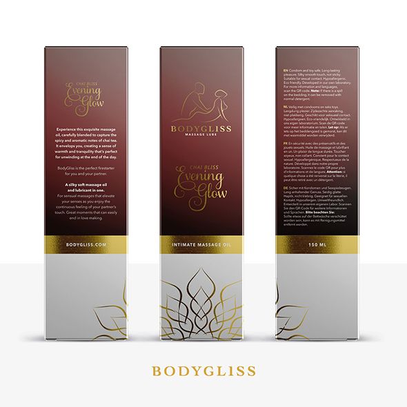 Drei Verpackungen von Bodygliss Massageöl. Aufschrift: Chai Bliss Evening Glow. Text und Logo.