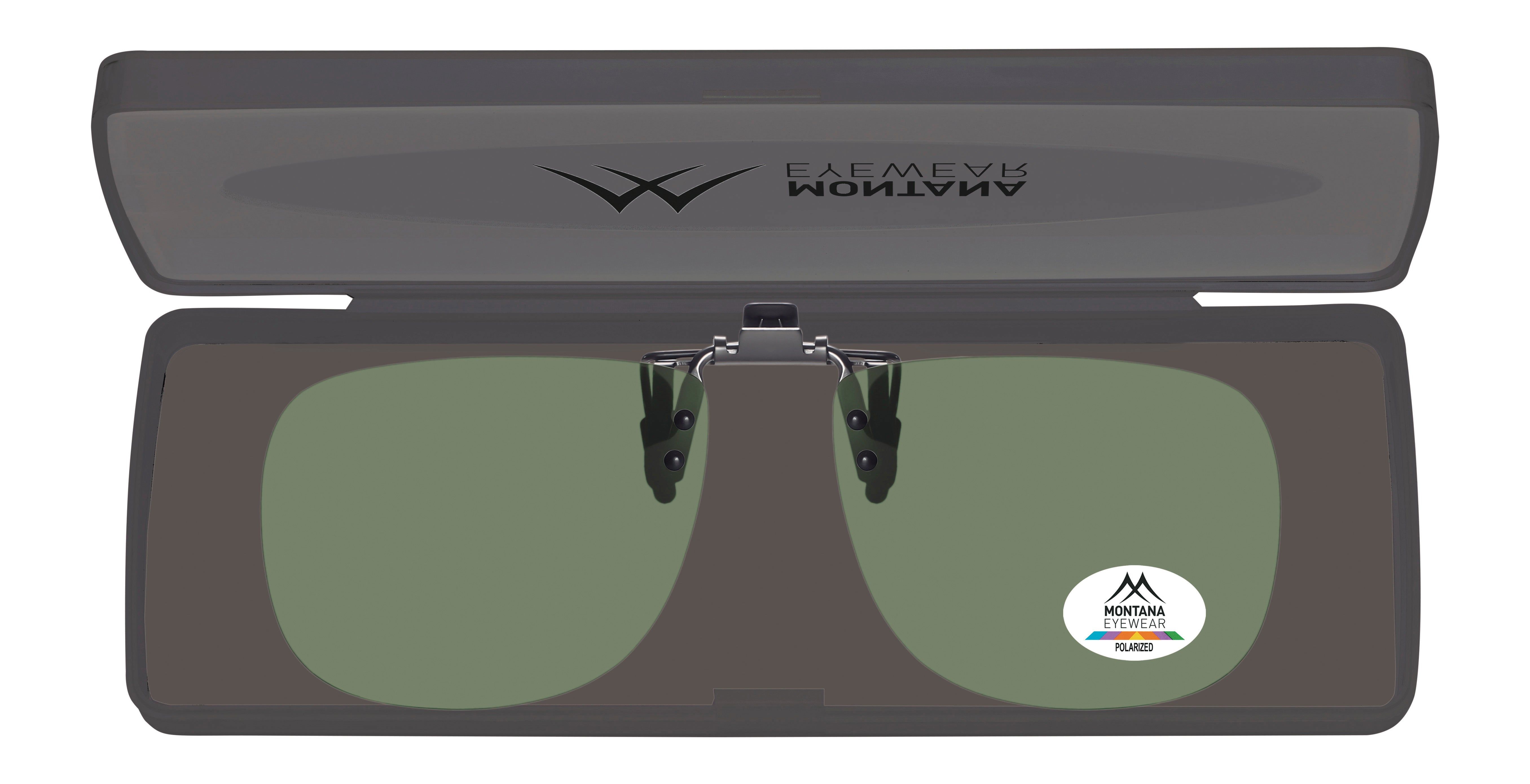 Clip-on-Sonnenbrille in Etui. Grüne Gläser, Montana Eyewear-Logo. Etui mit Logo.