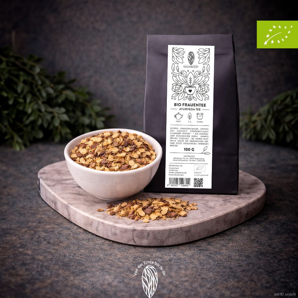 Eine schwarze Packung Bio Frauentee Ayurveda mit einer Schale voller Tee und einem Herz-Marmorbrett.