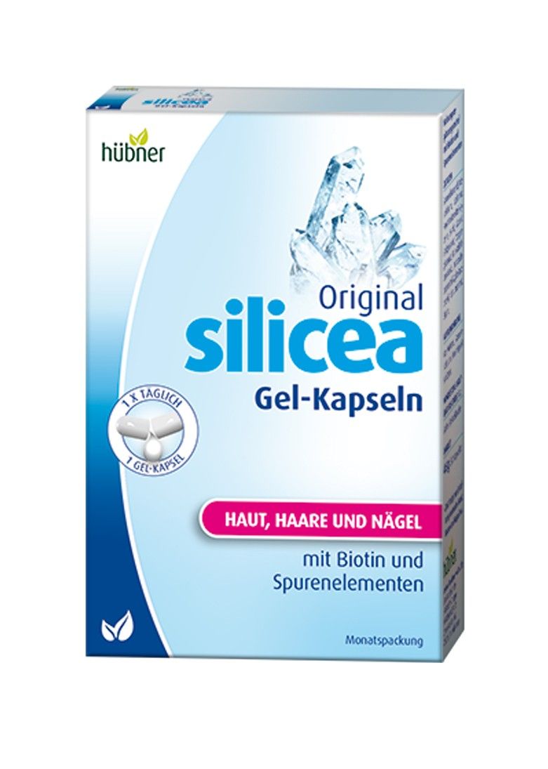 Verpackung mit "silicea Gel-Kapseln". Aufschrift: "Haut, Haare und Nägel". Enthält Biotin und Spurenelemente. Marke: hübner.