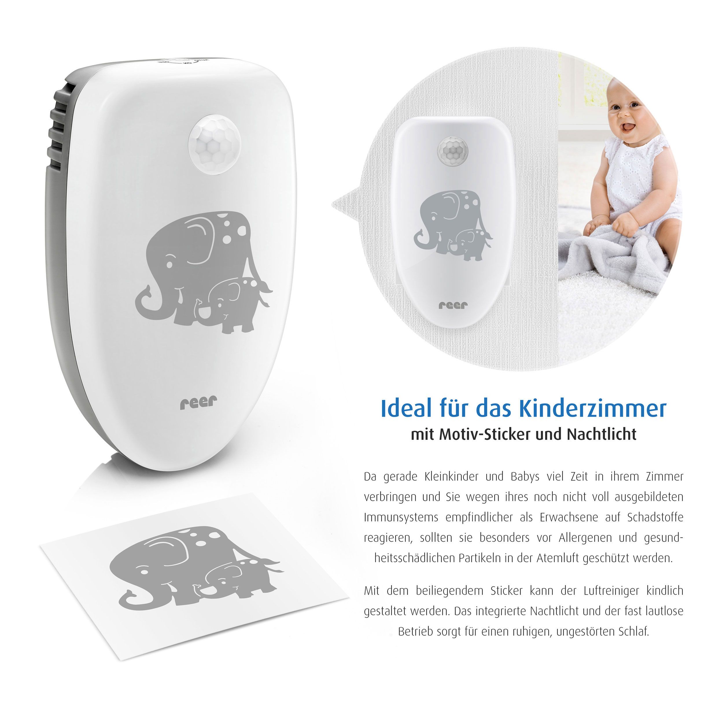 reer PureAir Raumluft-Reiniger, 2in1, Nachtlicht, Bewegungssensor