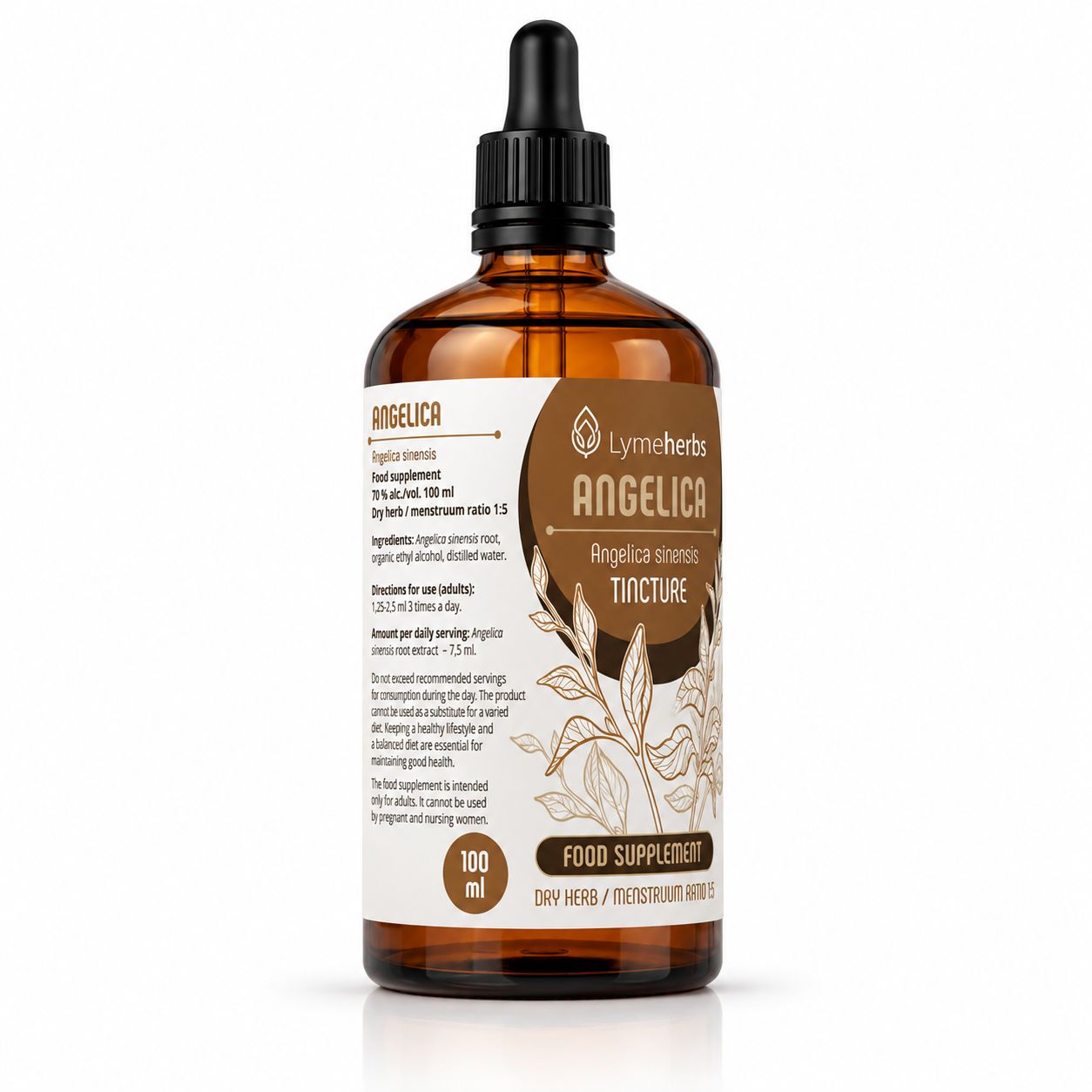 Braune Glasflasche mit Tropferverschluss. Etikett mit "Angelica Tincture", "Food Supplement" und Anwendungshinweisen.
