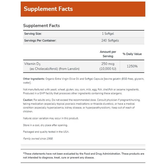 Nährwertangaben für Now Foods Vitamin D-3 10000 IU Softgels. Zeigt Dosierung, Inhaltsstoffe und % Tageswert.