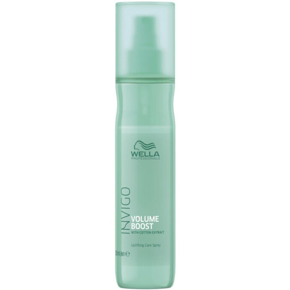 Türkisgrüne Sprühflasche. Aufschrift: Invigo, Volume Boost, mit Baumwollextrakt. Marke: Wella Professionals.