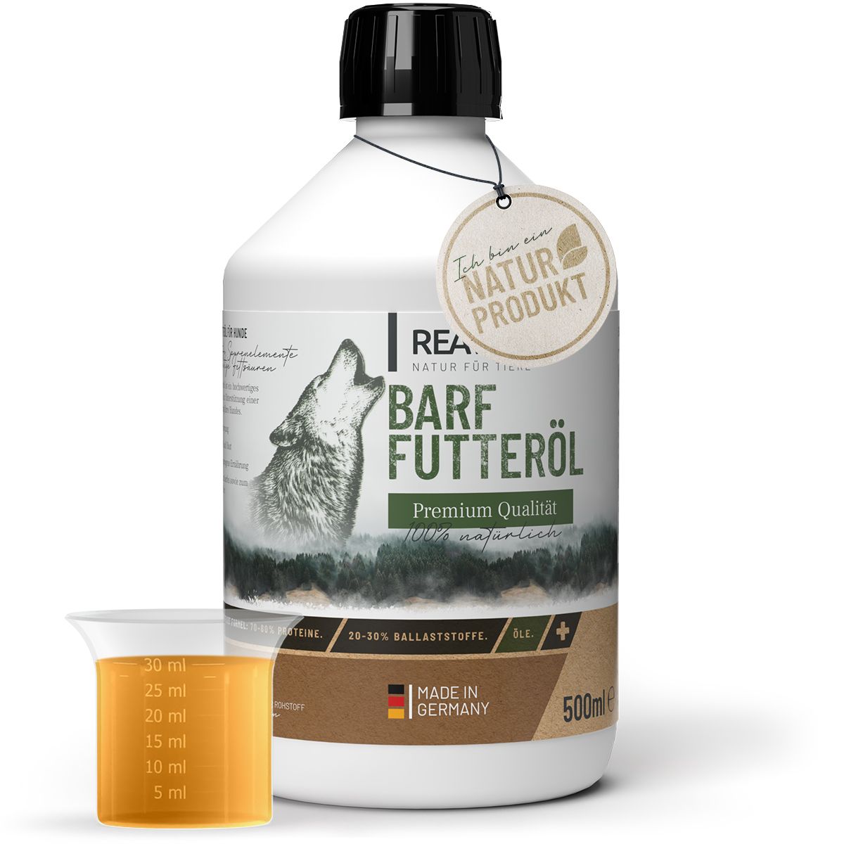 Weiße Flasche mit schwarzem Deckel und Etikett. Becher mit gelber Flüssigkeit. Aufschrift: BARF Futteröl.