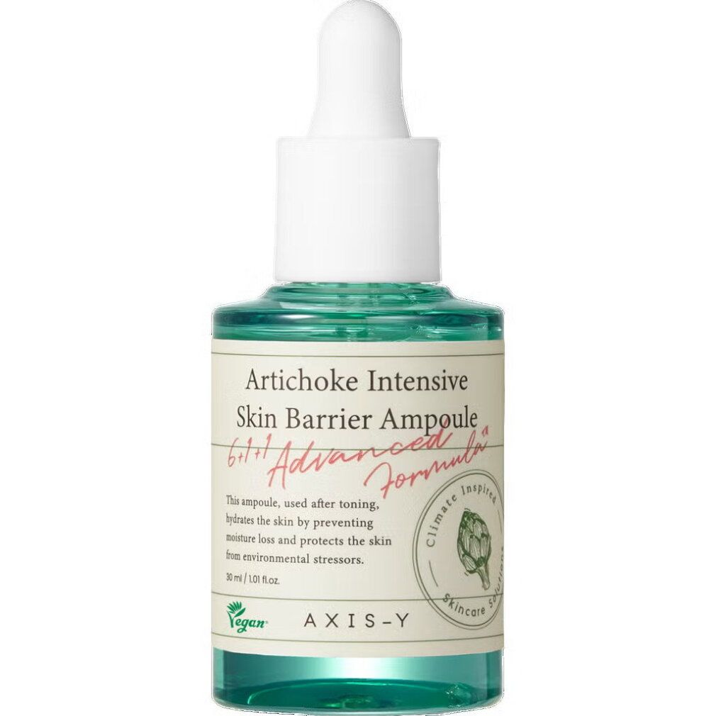 Axis-Y Artichoke Intensive Skin Barrier Ampoule mit Pipette. Grüne Glasflasche mit weißem Etikett und weißem Verschluss.