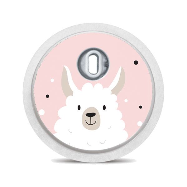 Runder Aufkleber mit Lama-Illustration. Weißer Rand, graues Element in der Mitte. Rosa Hintergrund.