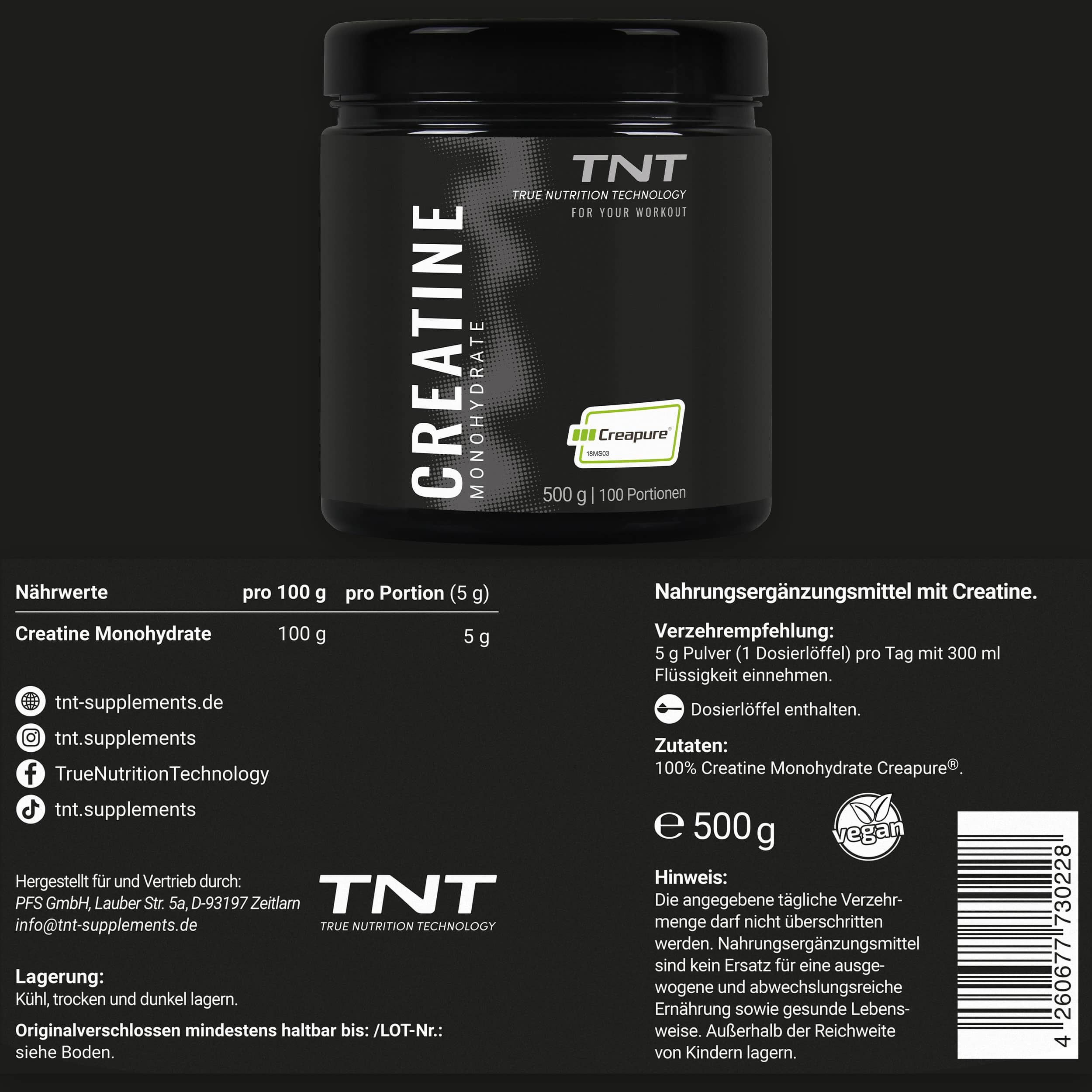 Rückseite der TNT Creatine Monohydrate Creapure® Dose. Nährwerttabelle, Dosierungshinweise, Inhaltsstoffe, Kontaktinformationen.