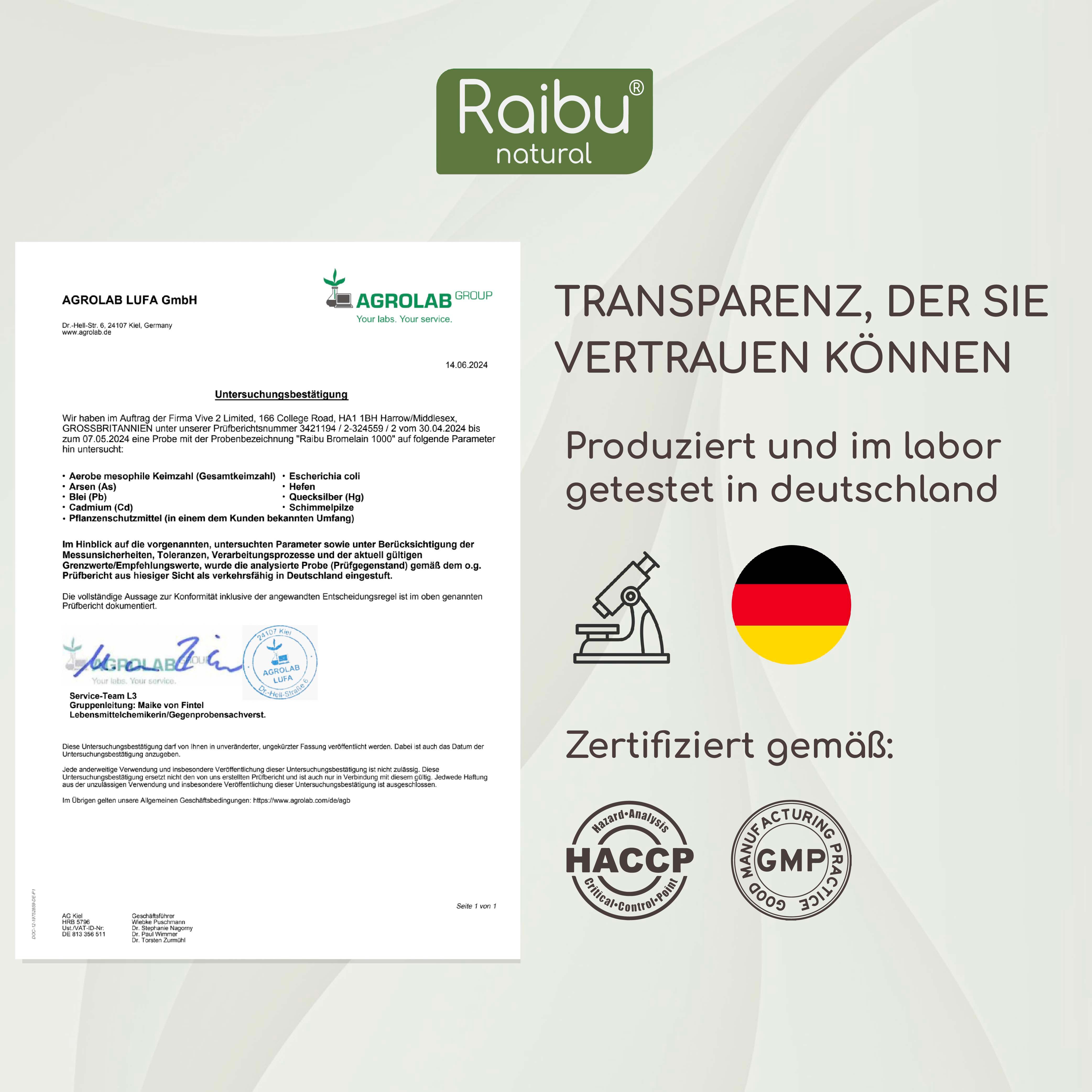 Etikett mit Produktinformationen. Aufschrift: Raibu, Bromelain 1000, 150 Kapseln. Vegan-Siegel. Text in Deutsch, Englisch, Französisch, Italienisch.