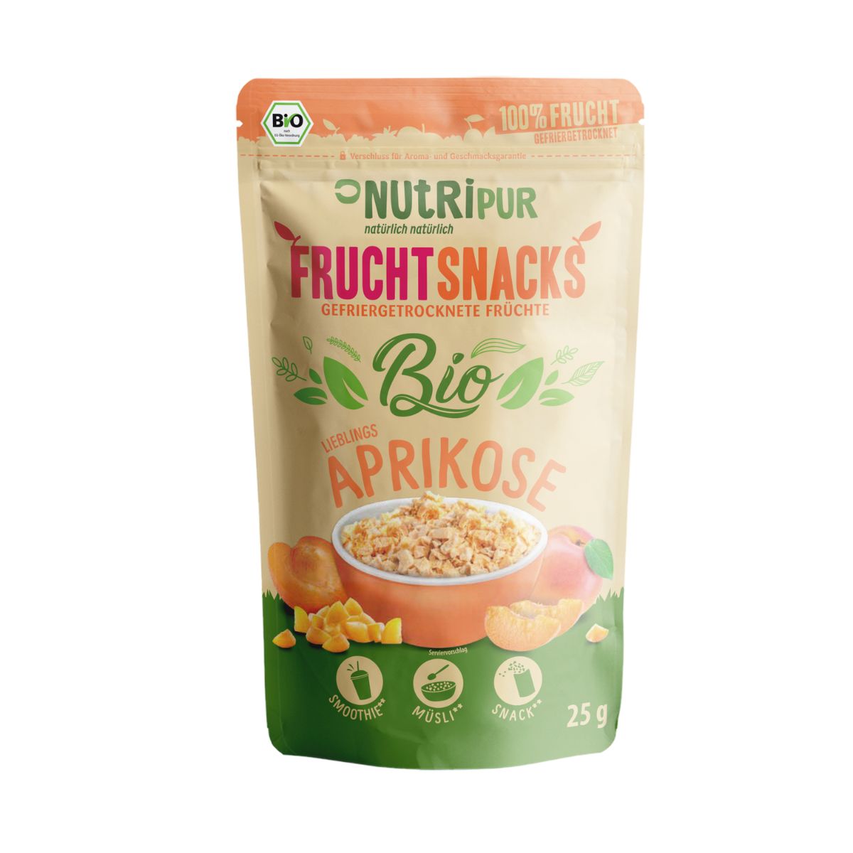 Beutel mit gefriergetrockneten Bio-Aprikosen. Aufschrift: NutriPur, Fruchtsnacks, Bio, Aprikose, 25g. Bio-Siegel.