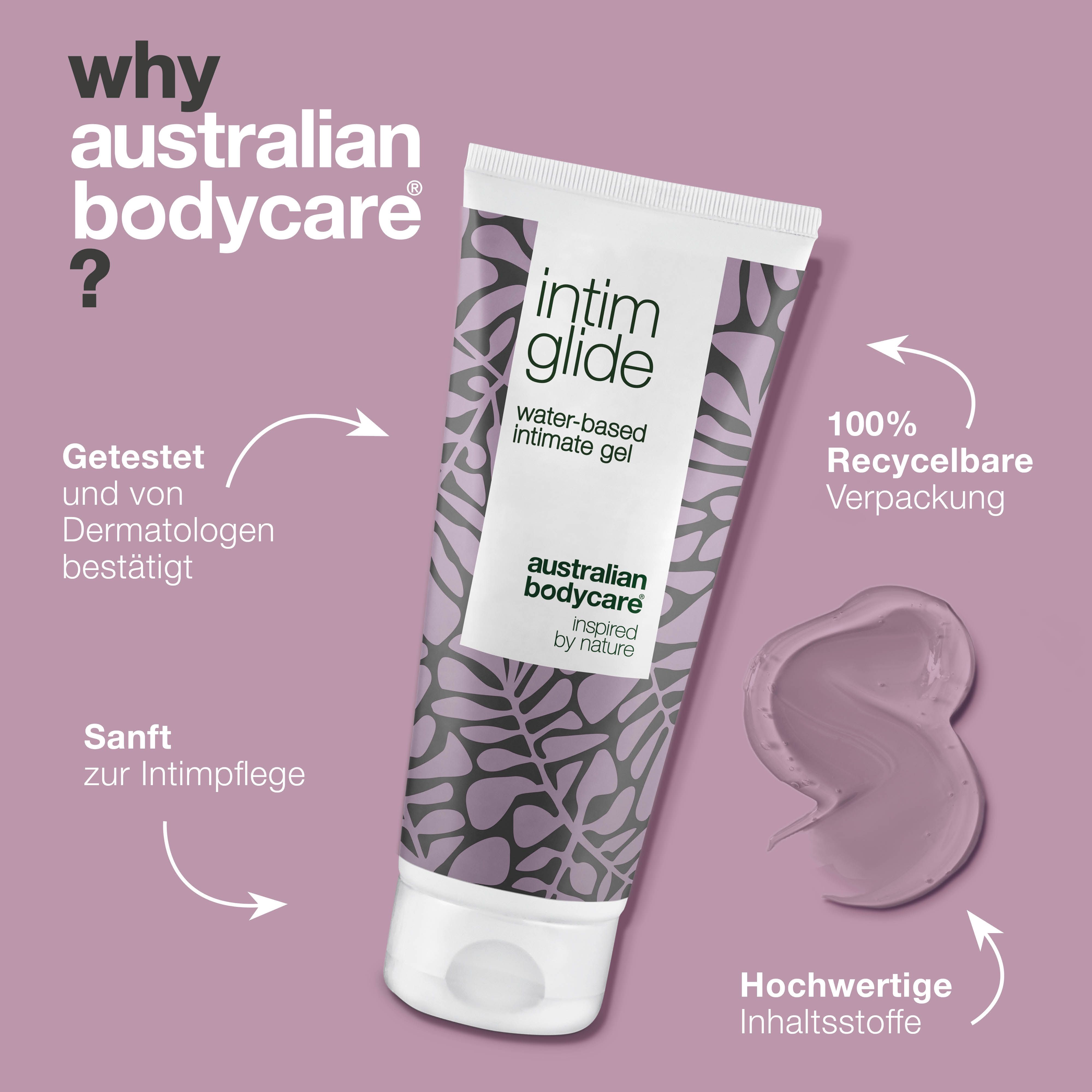 Warum Australian Bodycare? Intim-Gleitgel. Wasserbasiert. Marke: Australian Bodycare. Lila Hintergrund.