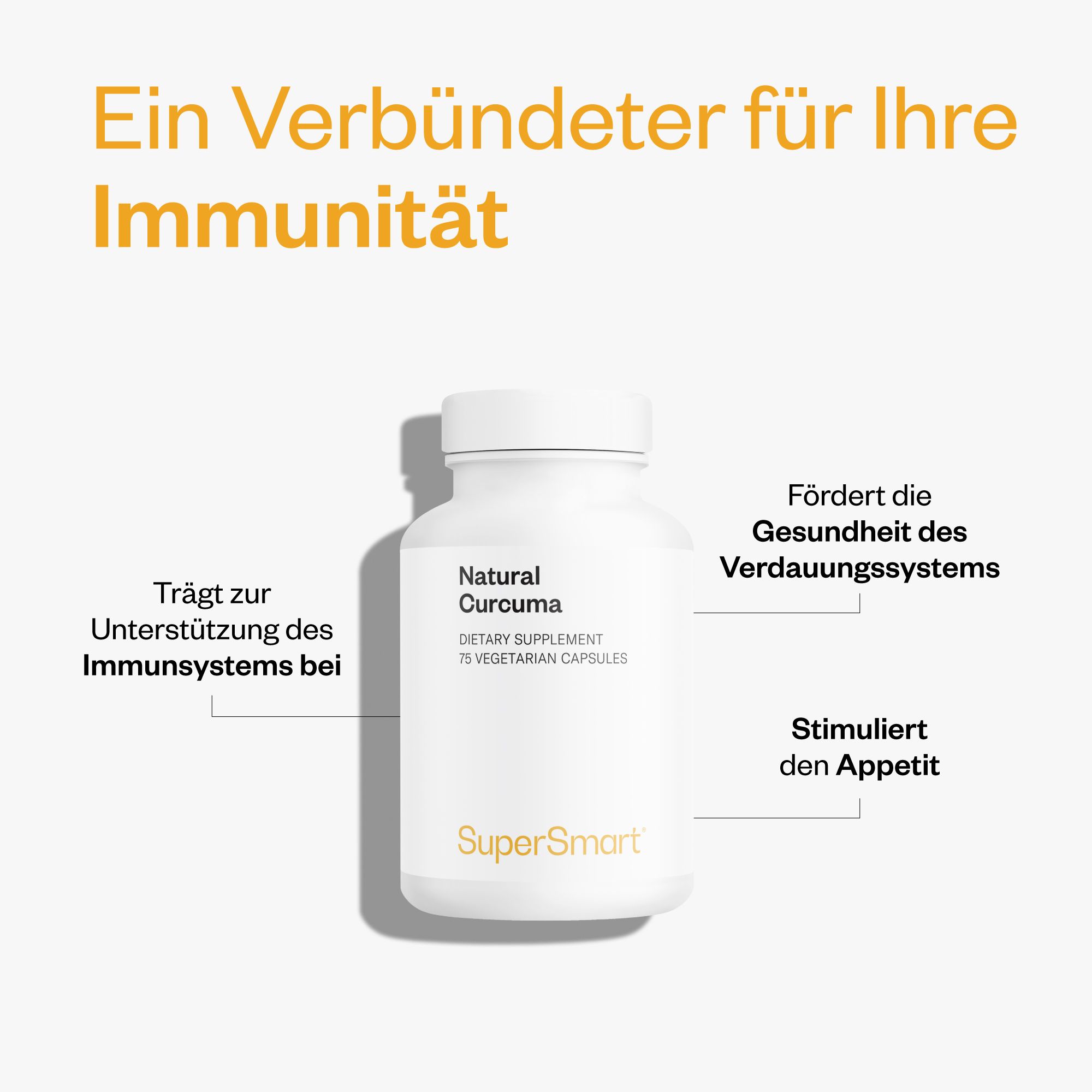 Weiße Flasche mit Natural Curcuma Kapseln. Text: Dietary Supplement, 75 vegetarische Kapseln. Marke: SuperSmart.