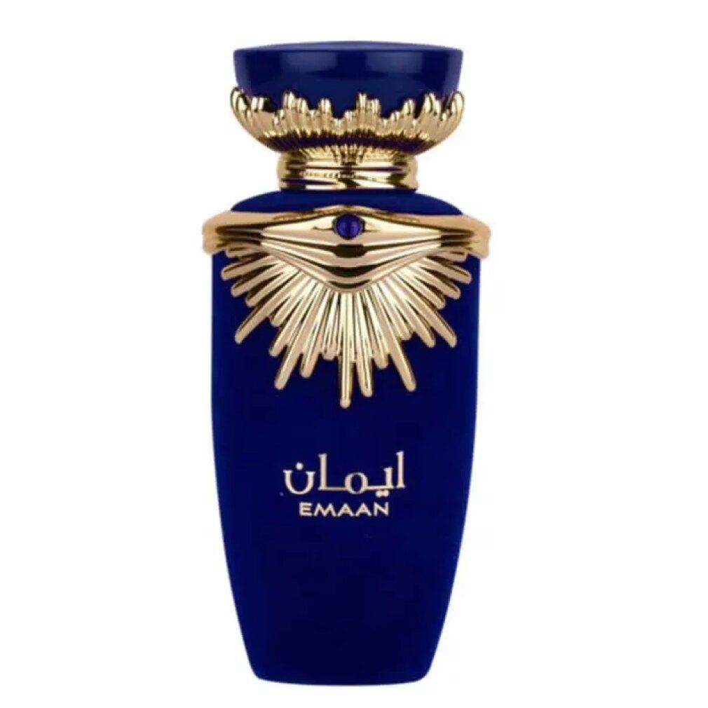 Blaue Parfümflasche mit goldener Verzierung. Goldene Sonne und arabische Schrift. Marke Emaan.