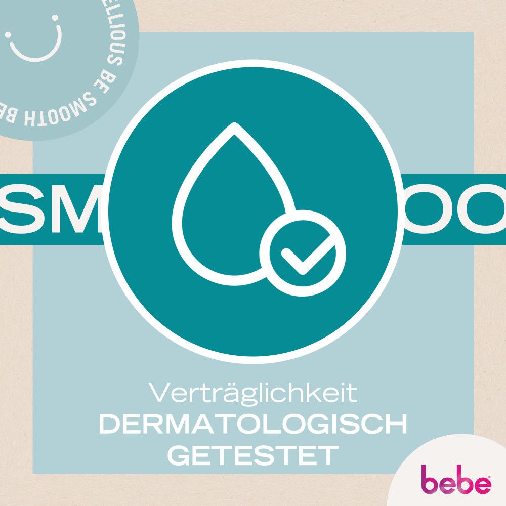 Runder, türkisfarbener Kreis mit Tropfen-Symbol und Häkchen. Text: Dermatologisch getestet. Marke: bebe.