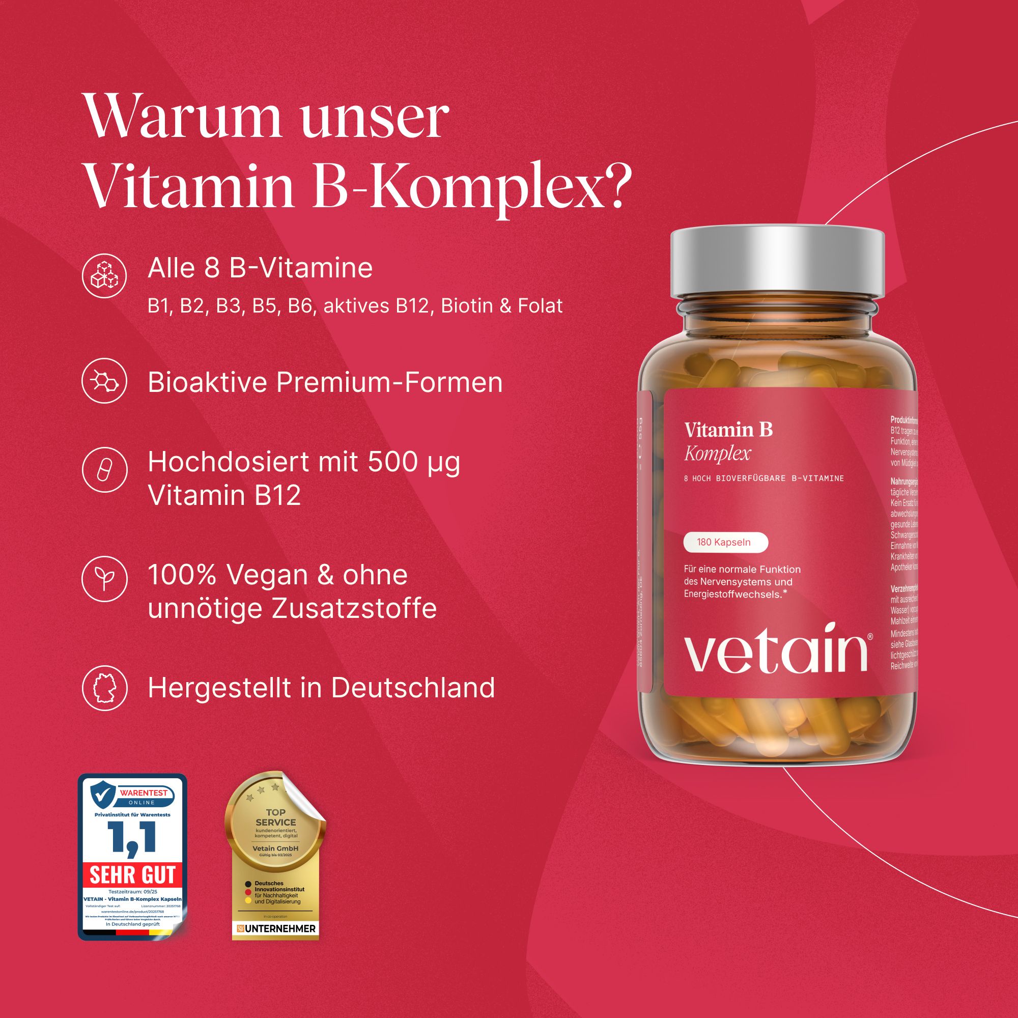 Vetain Vitamin B Komplex: 8 B-Vitamine, bioaktiv, hochdosiert, vegan, Made in Germany.