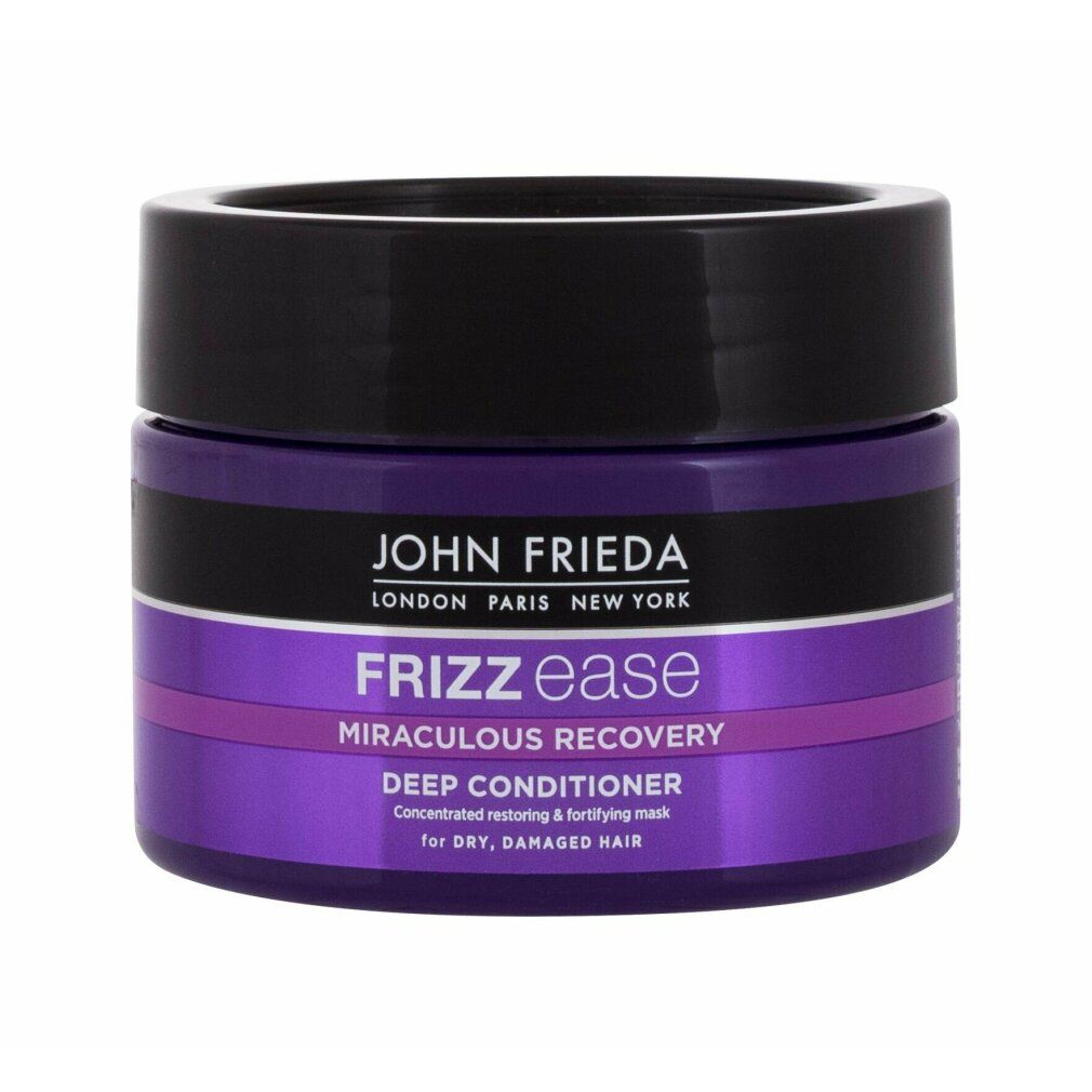John Frieda Frizz Ease Miraculous Recovery Deep Conditioner. Runde Dose mit schwarzem Deckel und lila Etikett.