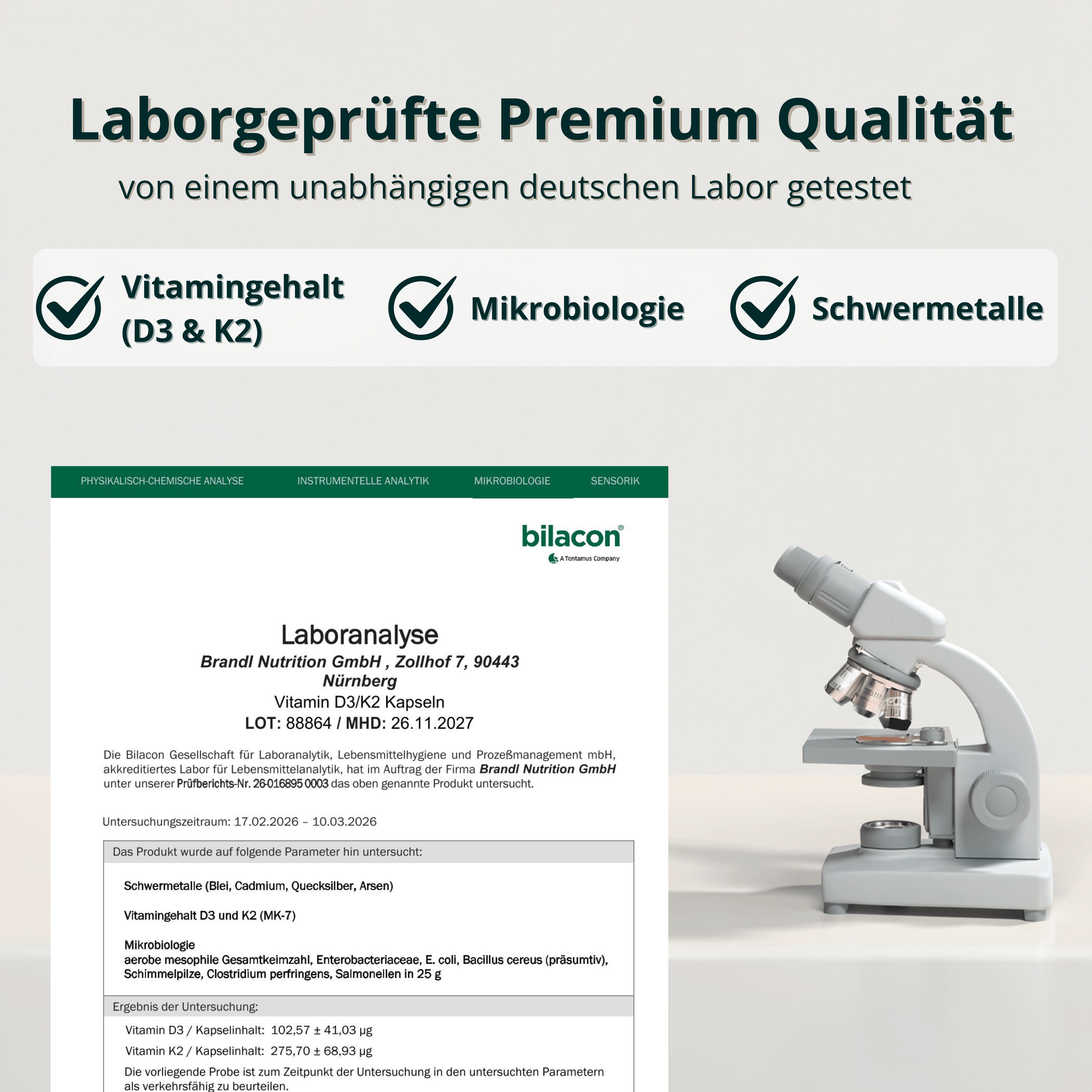 Mikroskop und Laboranalyse. Text: Vitamingehalt (D3 & K2), Mikrobiologie, Schwermetalle. Laboranalyse. Bilacon.