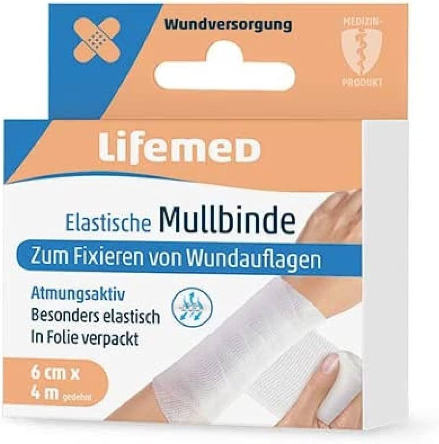 Verpackung von Lifemed Elastische Mullbinde. Text: 'Zum Fixieren von Wundauflagen'. Größe: 6 cm x 4 m.