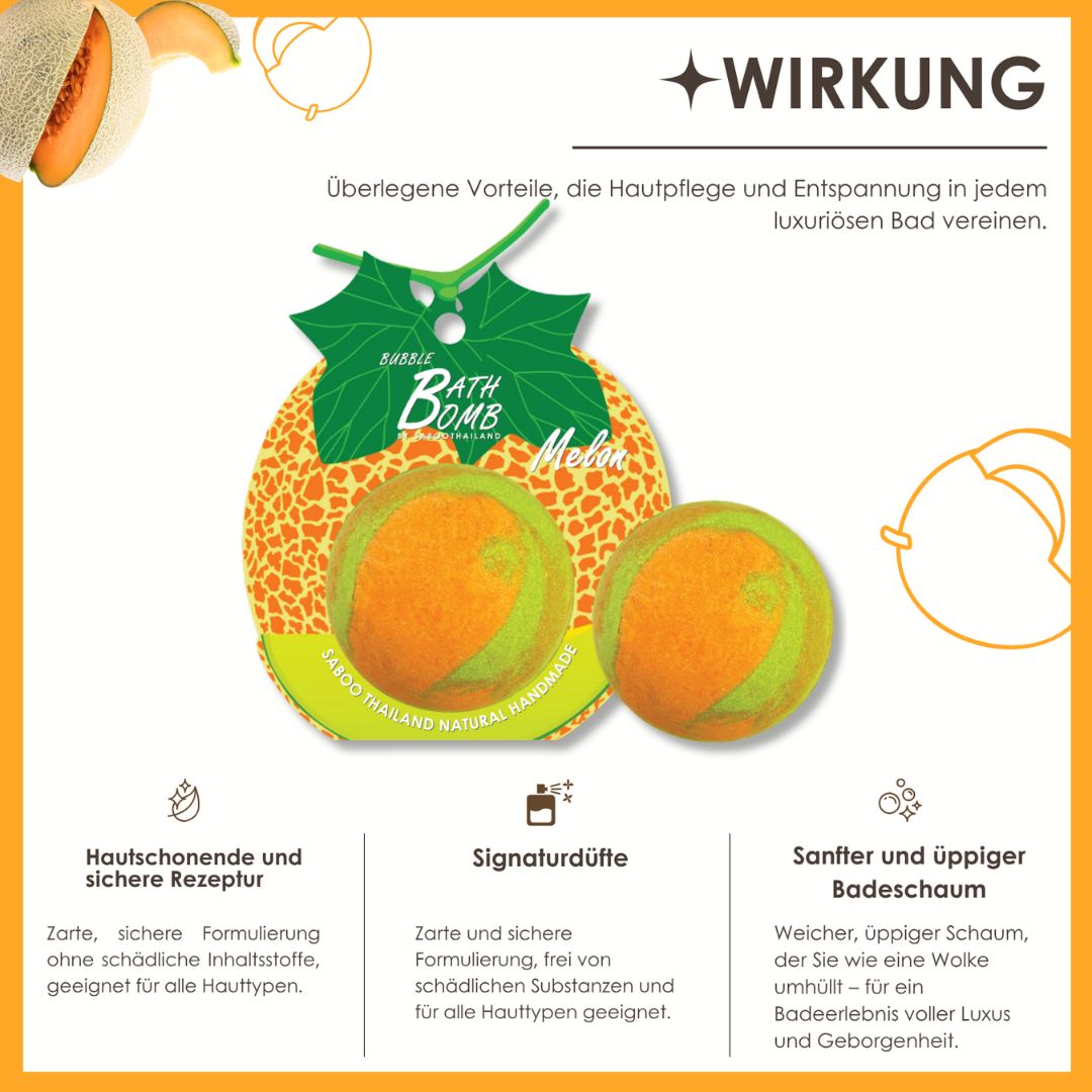 Infografik mit Vorteilen. Schaumbad-Bombe mit Melonen-Design. Text: Hautschonend, Signaturdüfte, sanfter Badeschaum.
