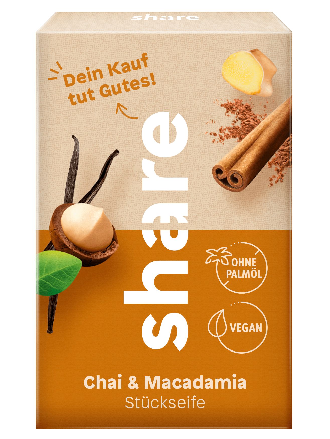 Kartonverpackung mit Produktabbildungen und Schriftzug "share". Aufschrift: Chai & Macadamia Stückseife. Vegan und ohne Palmöl.