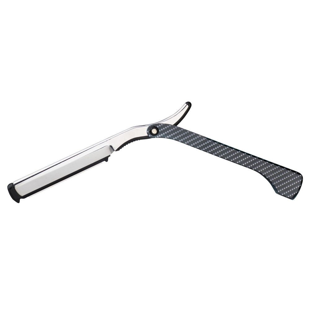 Ein Rasiermesser mit Wechselklinge, silberner Klinge und schwarzem Griff mit Karbonmuster.