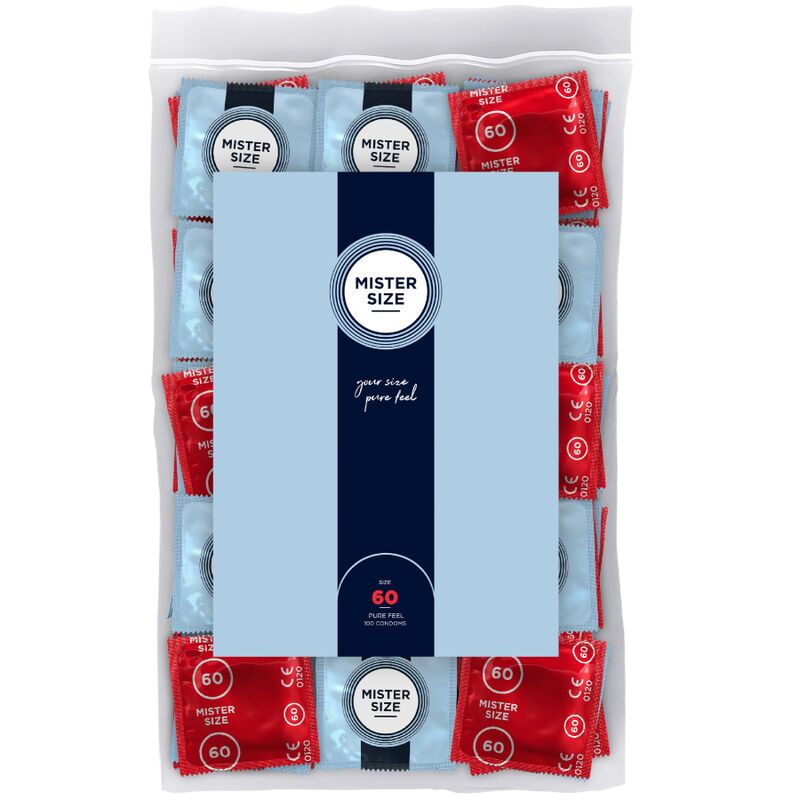Verpackung mit Kondomen. Blaue und rote Einzelverpackungen. Aufdruck: Mister Size, 60.
