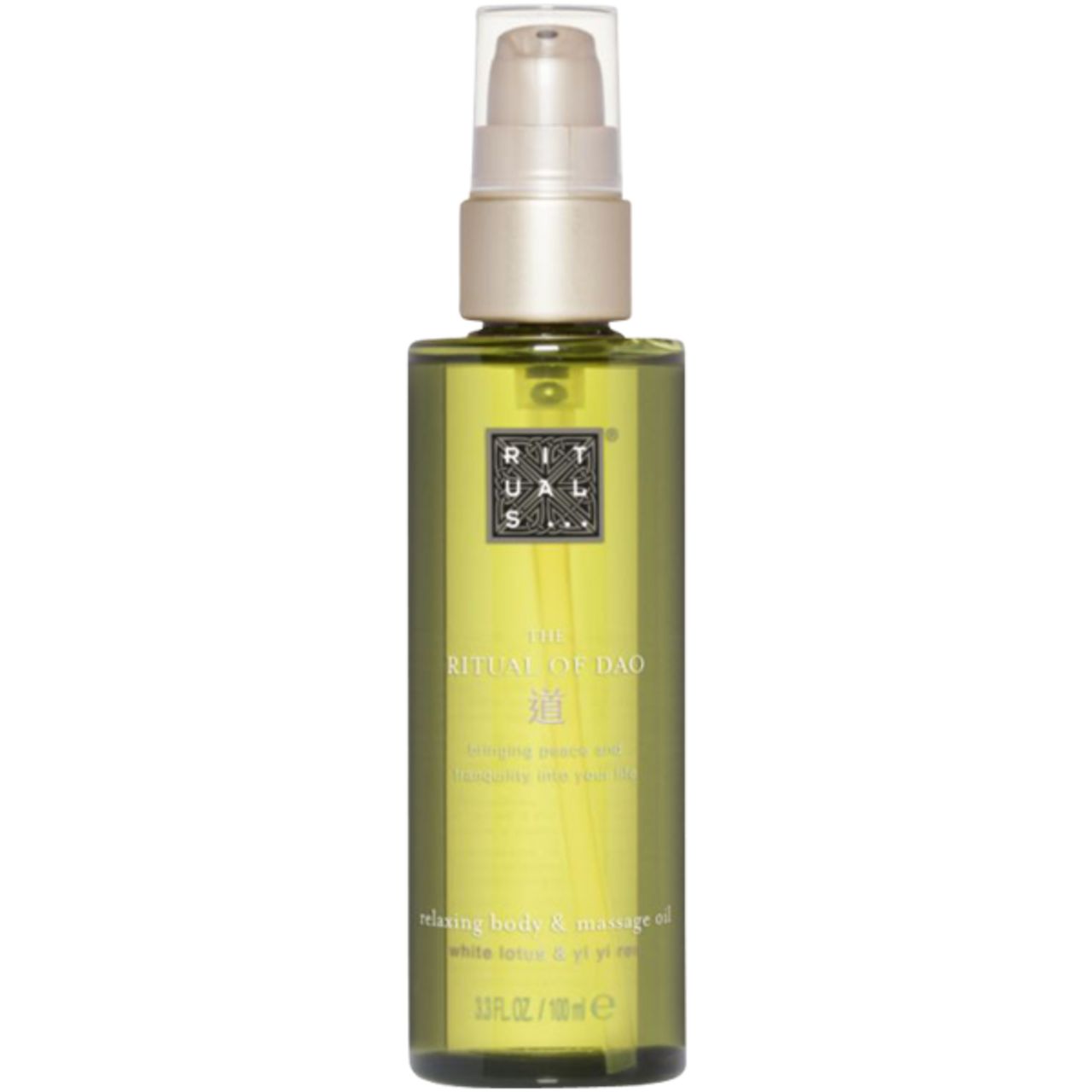 Körper- und Massageöl. Transparente Flasche mit Dosierpumpe. Aufschrift: Rituals, The Ritual of Dao. 100 ml.