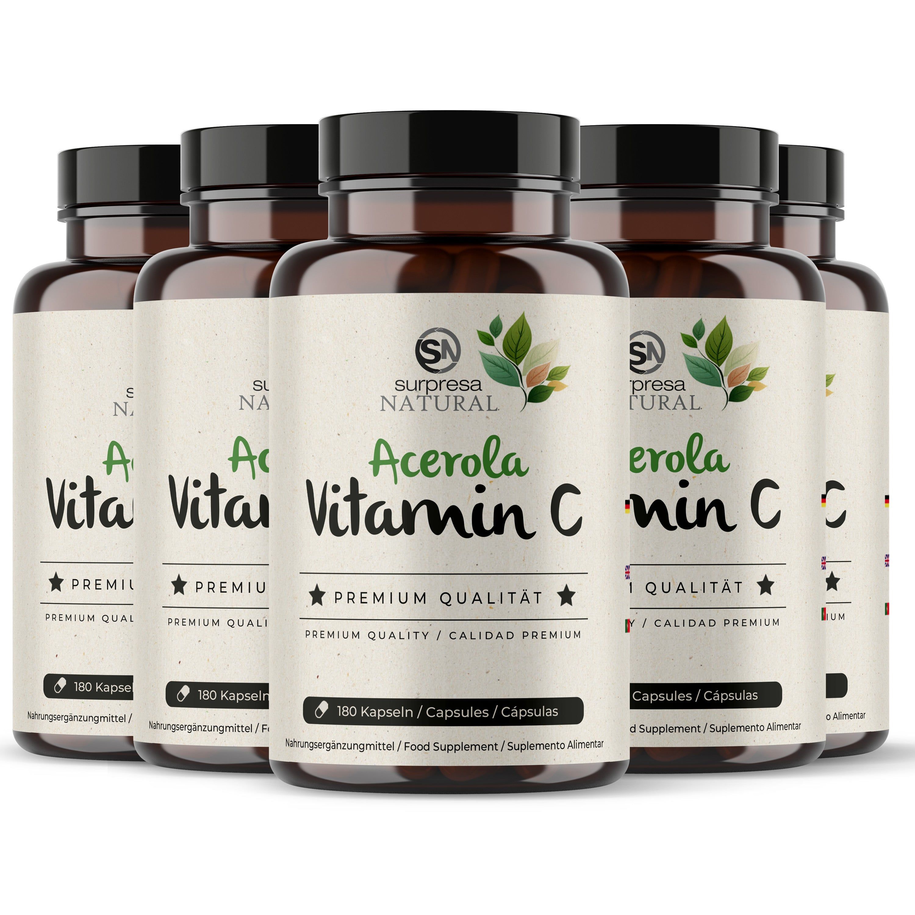 Sechs braune Dosen Surpresa Natural Vitamin C Acerola Kapseln in einer Gruppe.