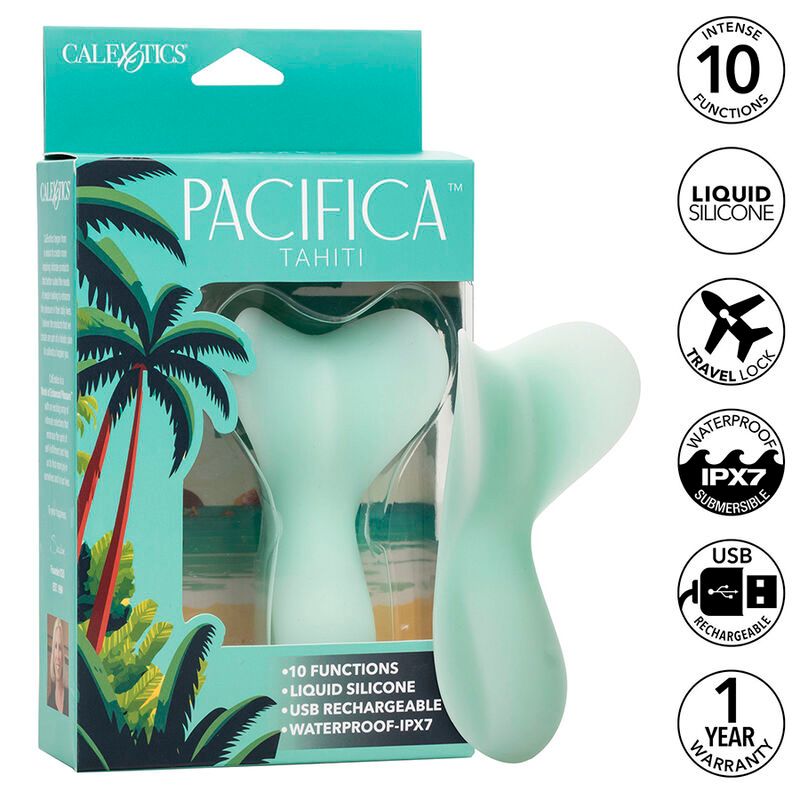 Türkisfarbener Vibrator in Verpackung. Aufdrucke: 10 Funktionen, Flüssigsilikon, Reiselock, wasserdicht IPX7, USB-aufladbar, 1 Jahr Garantie.