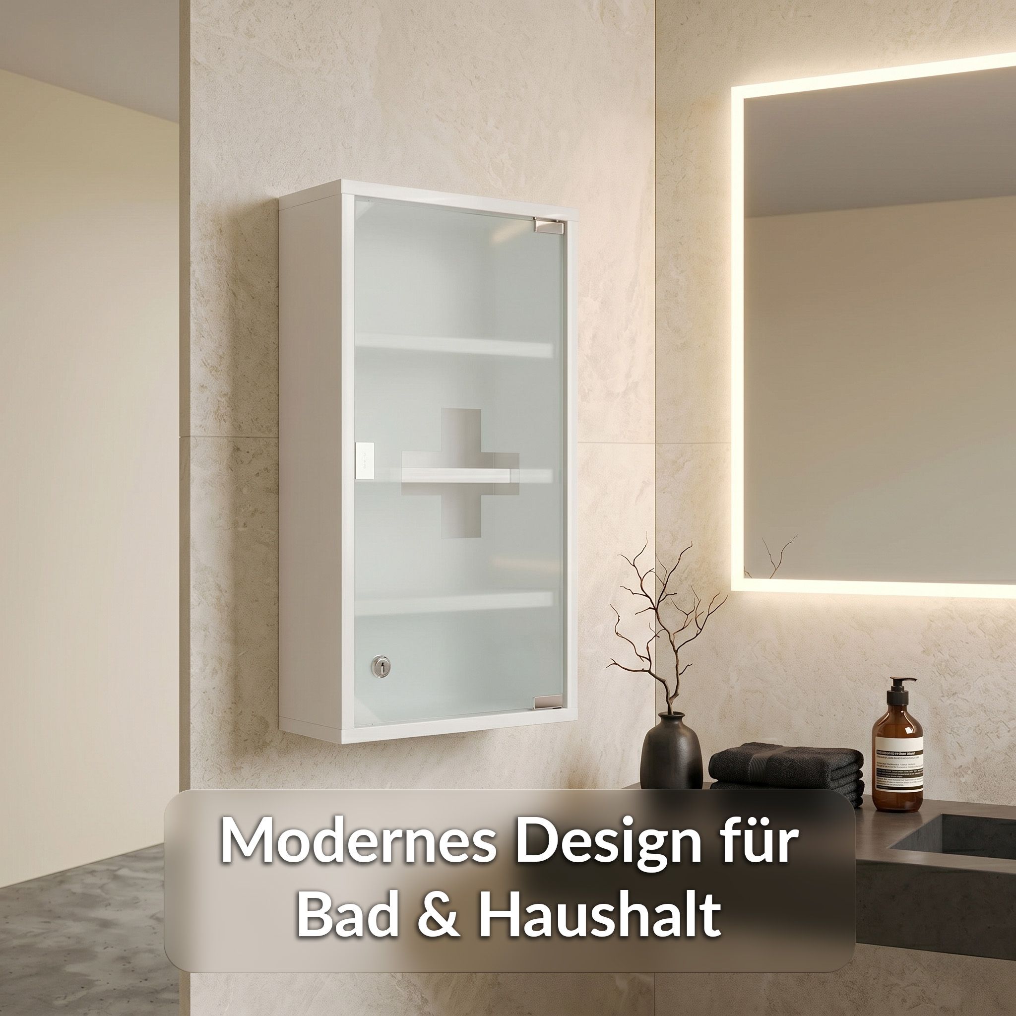 KARAT Medizinschrank Allen - Abschließbarer Arzneischrank mit Glastür Weiß 60 x 30 cm 4 Fächer