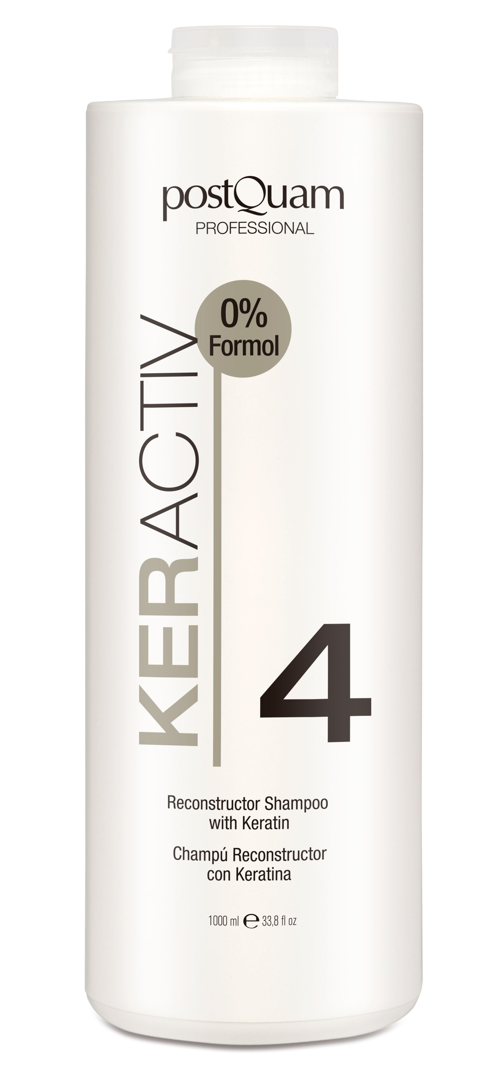 Weißes Shampoo mit Aufschrift KERACTIV, 4 und 0% Formol. Text: Reconstructor Shampoo with Keratin. Flasche.