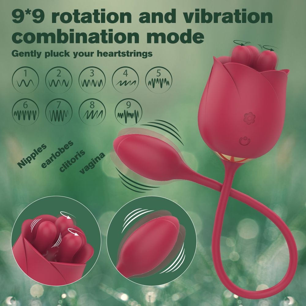 Rotes, rosenförmiges Produkt mit länglichem Teil und drei Kugeln. Illustrationen zeigen Modi. Text: 9*9 rotation and vibration.