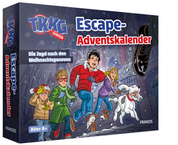 Adventskalender mit Illustration von Kindern im Schnee. Titel: Escape-Adventskalender. Alter 8+. Franzis-Logo.