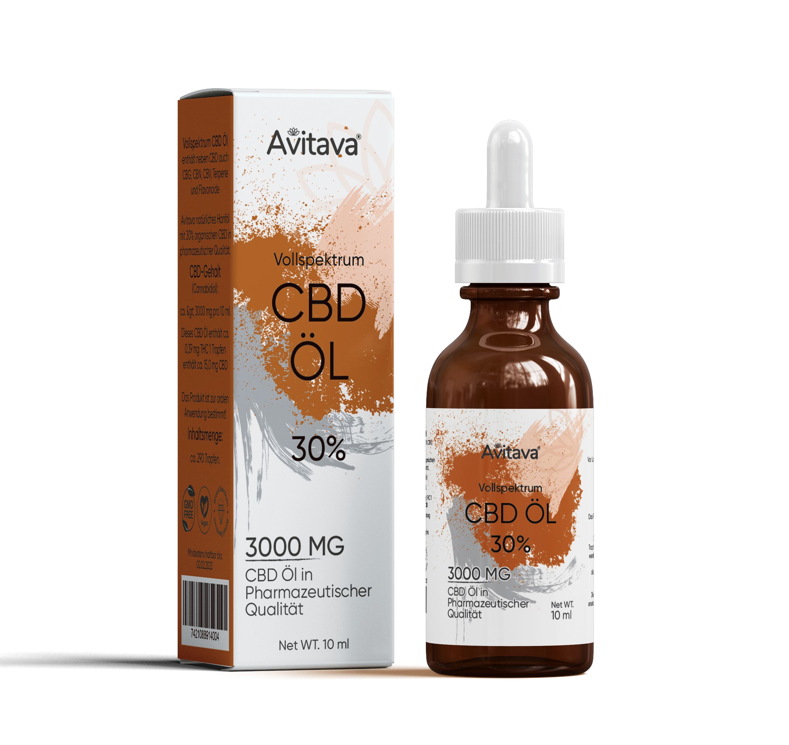 Braune Glasflasche und Schachtel mit Aufschrift "Avitava CBD Öl 30%". Tropfflasche und Verpackung mit Produktinformationen.