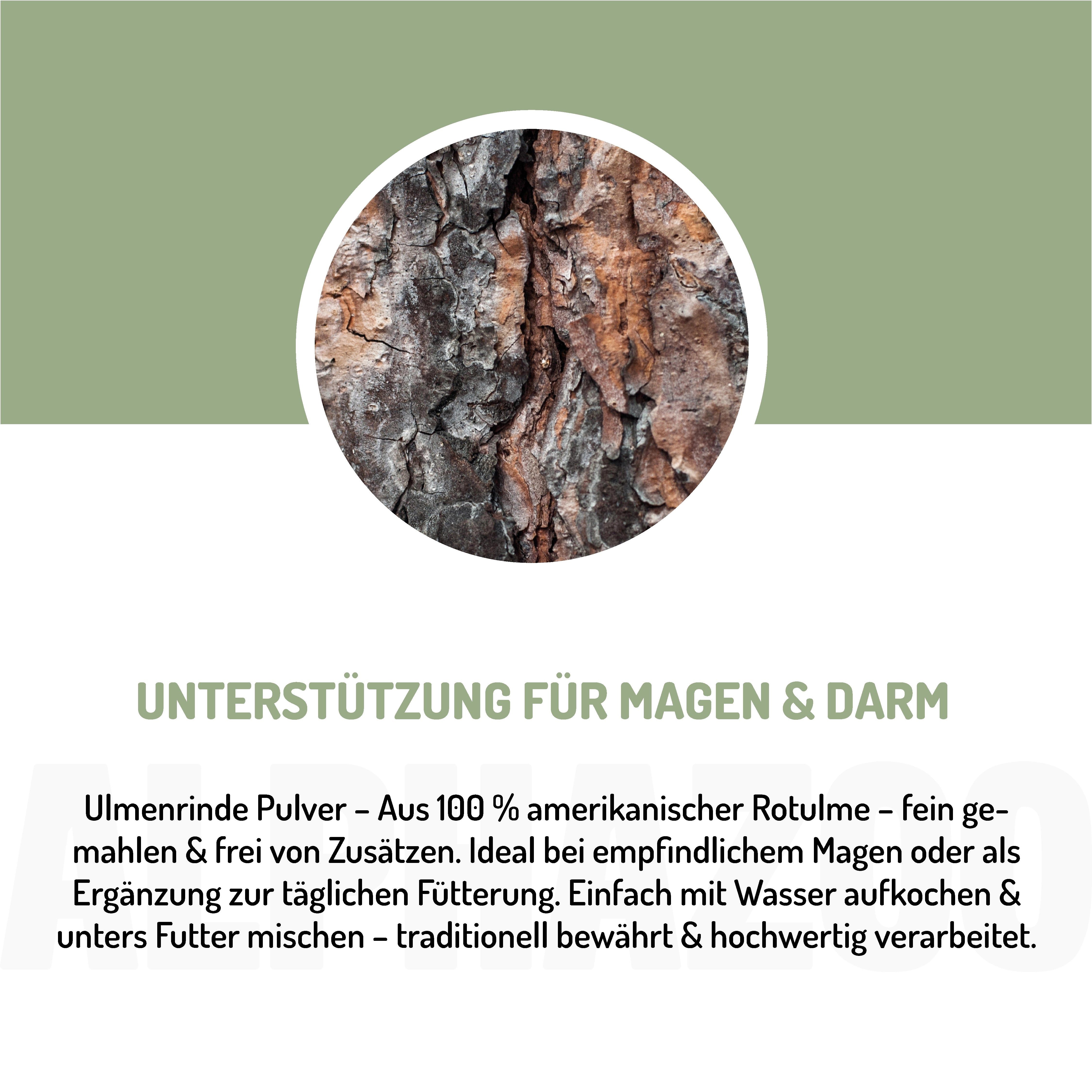 Kreis mit Text: Unterstützung für Magen & Darm. Text: Ulmenrinde Pulver - aus 100 % amerikanischer Rotulme - fein gemahlen & frei von Zusätzen.