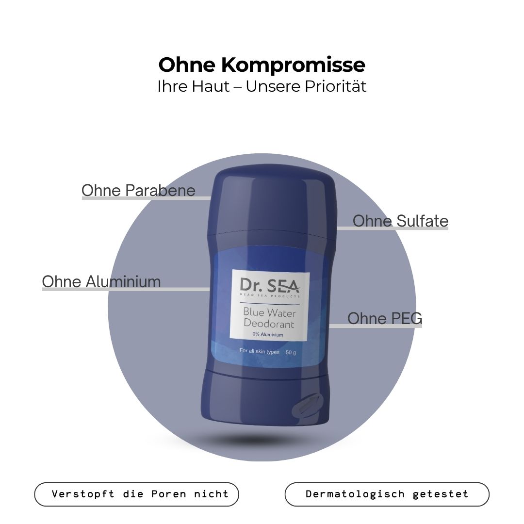 Deostift. Text: Ohne Kompromisse. Ohne Parabene, Sulfate, Aluminium, PEG. Nicht verstopft die Poren. Dermatologisch getestet.