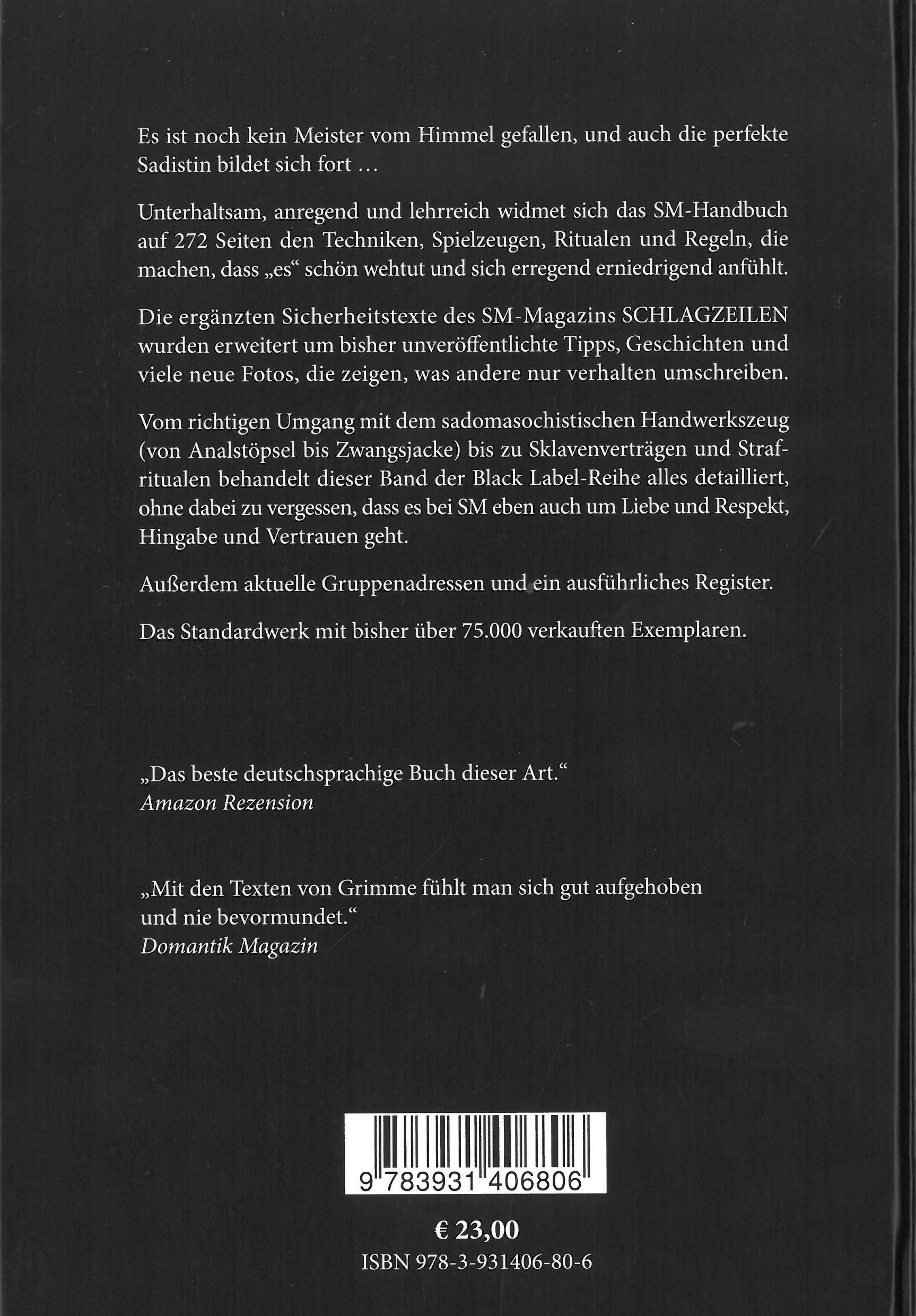 Rückseite des Buches "Das SM-Handbuch". Text in deutscher Sprache. ISBN, Preis und Verlagslogo sichtbar.