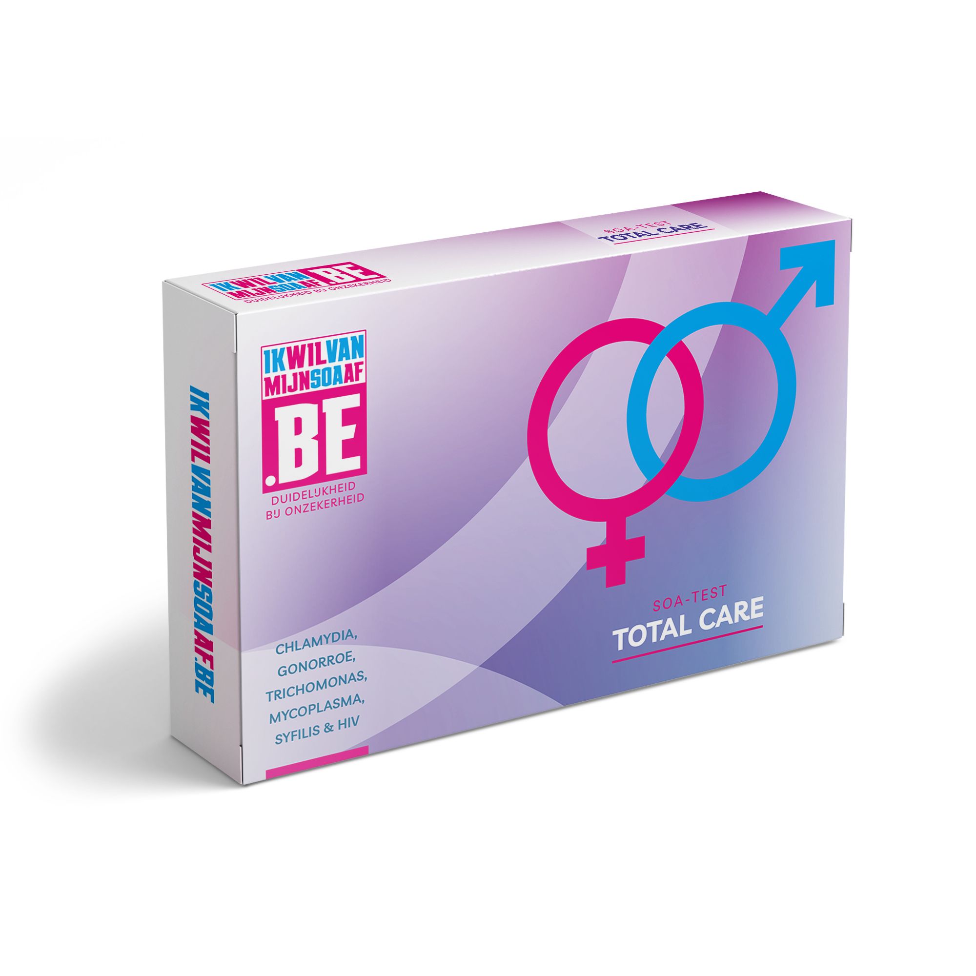 Verpackung mit Symbolen für Mann und Frau. Text: Total Care, Chlamydien, Gonorrhöe, Trichomonas, Mykoplasma, Syphilis & HIV.