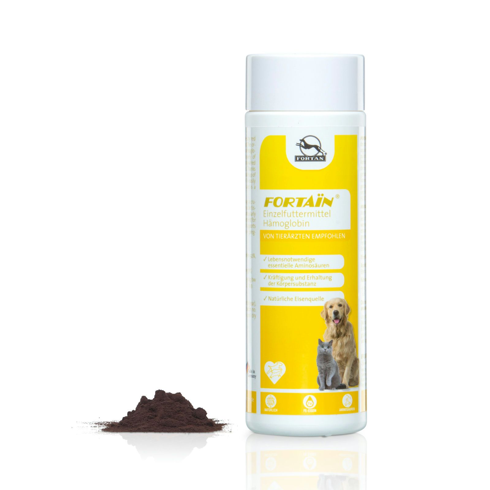Zylindrische Flasche mit gelbem Etikett. FORTAIN, tierische Proteinquelle. Haufen Pulver daneben. Hund und Katze abgebildet.